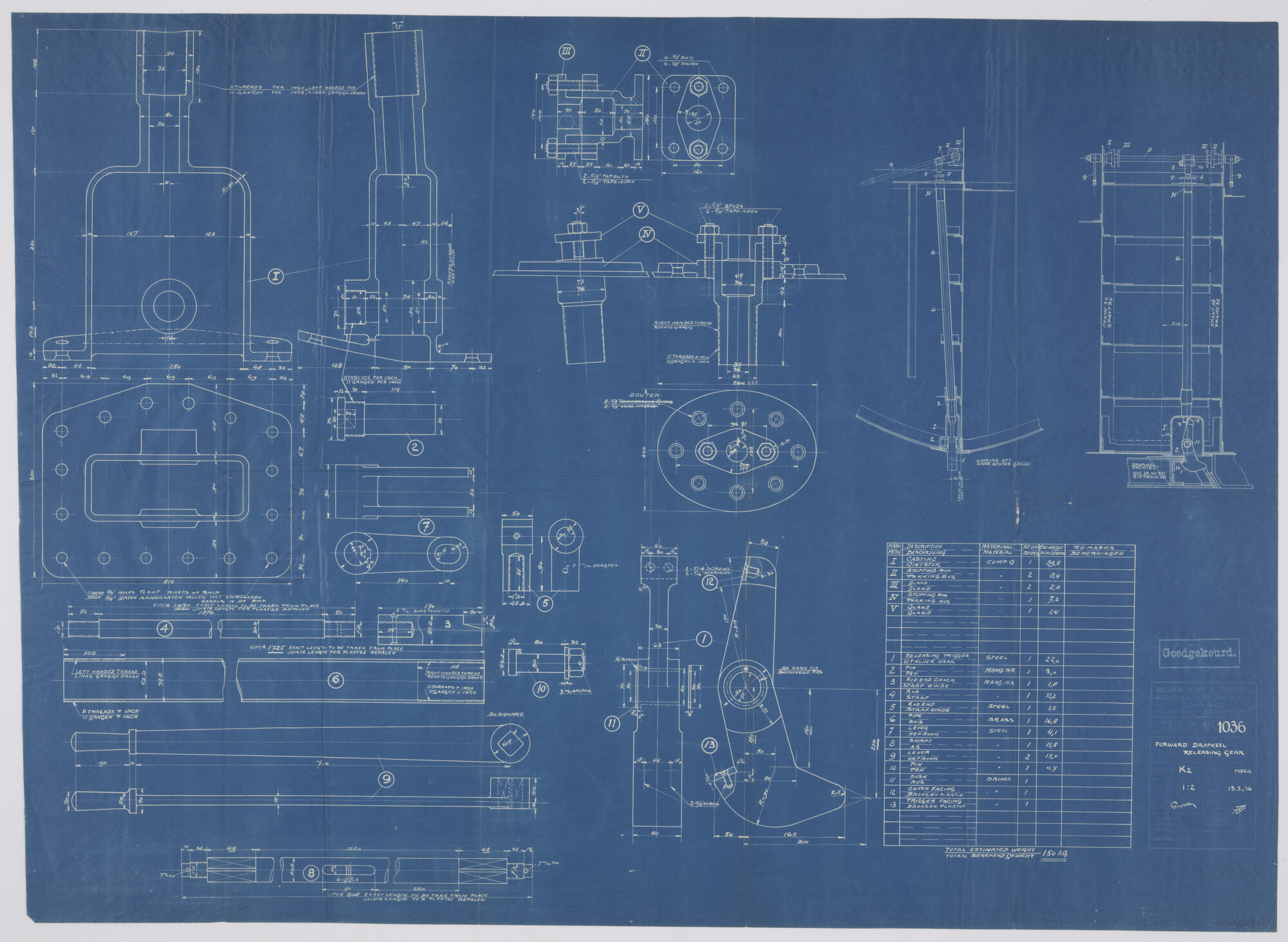 S.2175(3839); Valinrichting van valkiel (vÃ³Ã³r) van de onderzeeboot  Hr.Ms. 'K II'.; technische tekening
