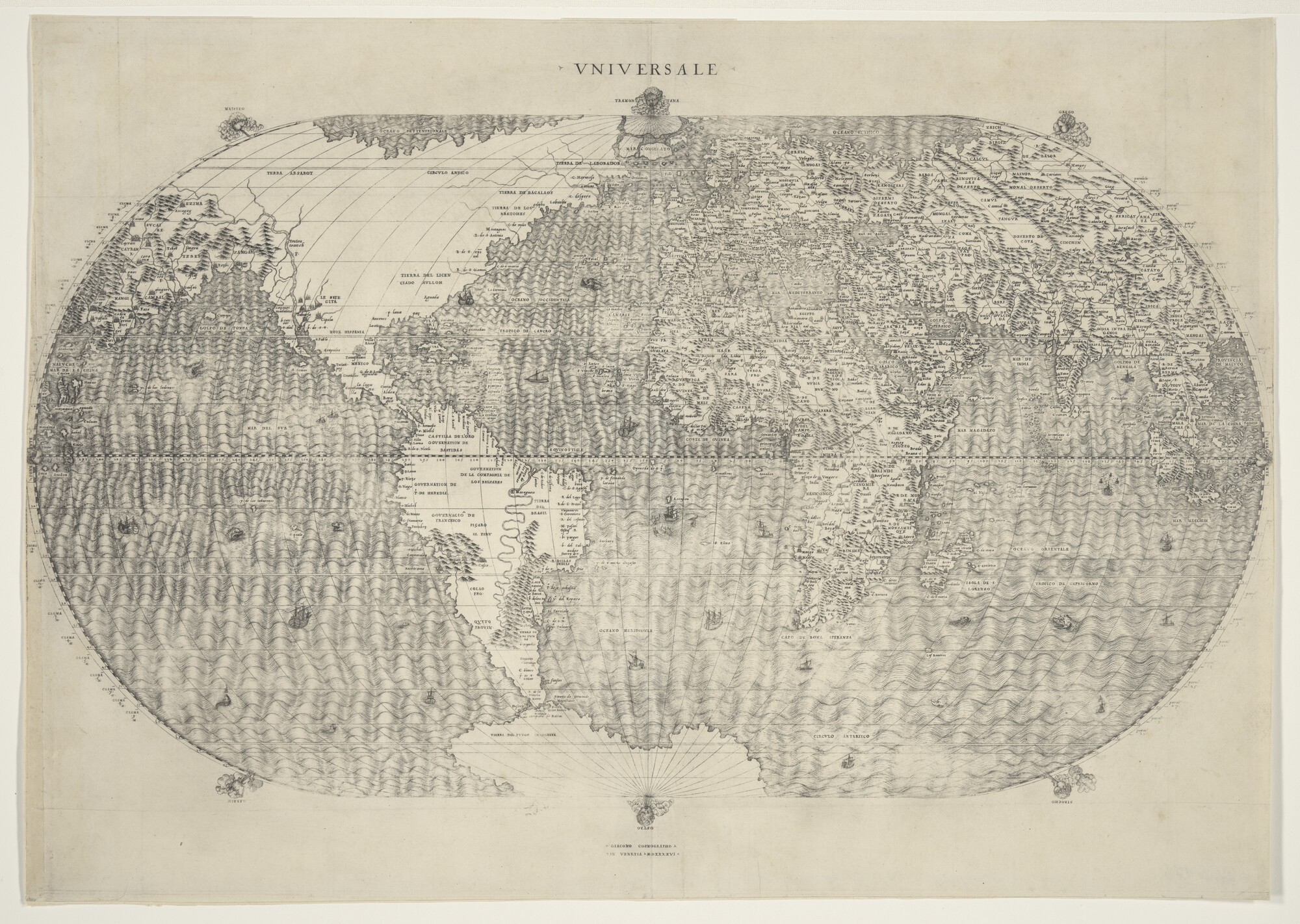 A.0145(063); Proefdruk van de wereldkaart van Giacome Gastaldi, 1546; wereldkaart