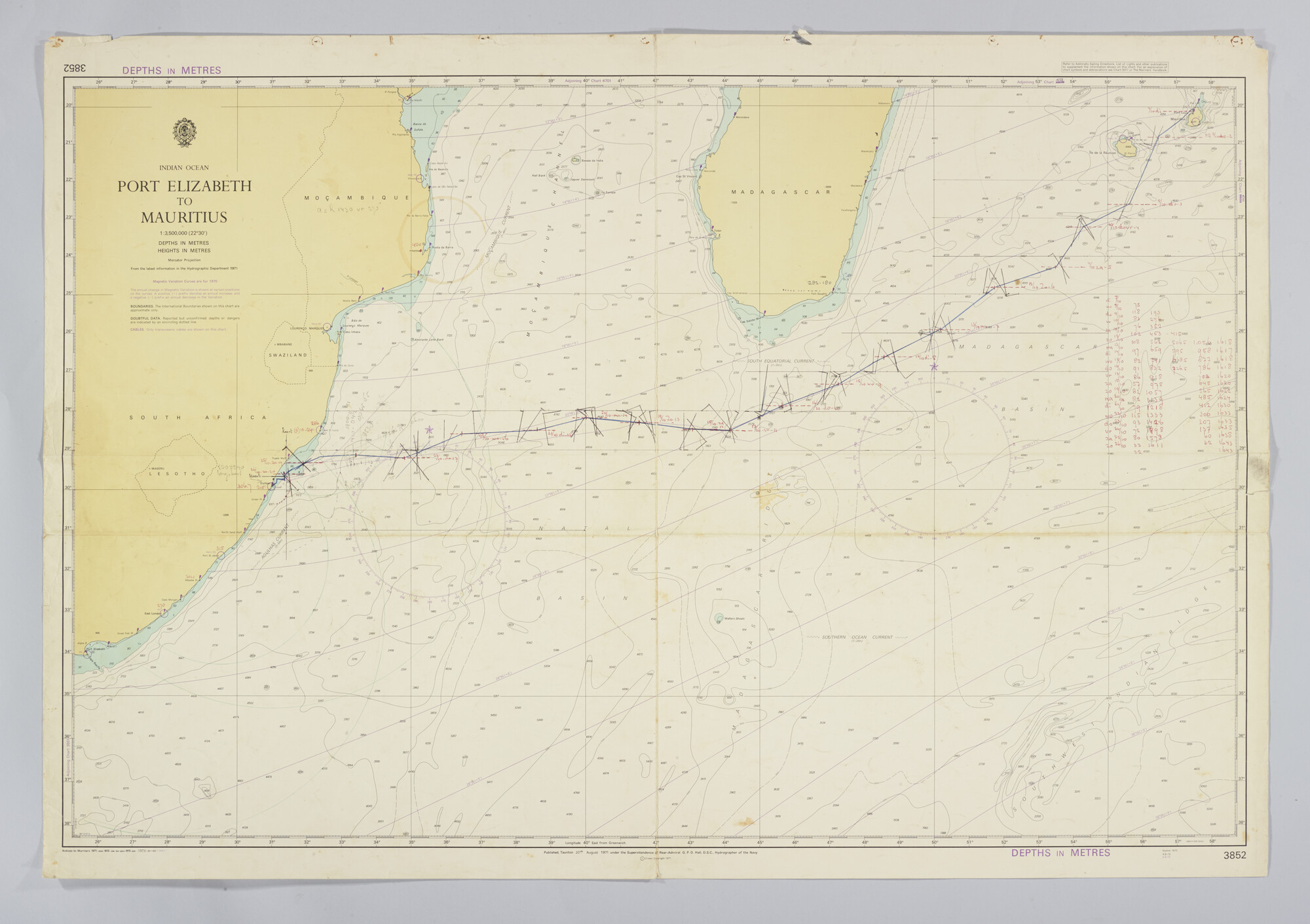 2019.1057-61; Indian Ocean, Port Elizabeth to Mauritius; zeekaart