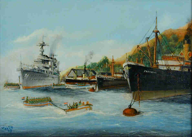 A.4482; Buitmaken van Duitse schepen in Emmahaven, 'Operatie Berlijn', 10 mei 1940; schilderij