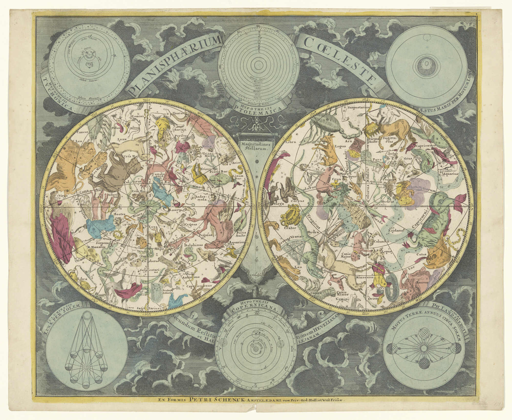 A.0145(211)086; Met de hand gekleurde sterrenkaart met de noordelijke en zuidelijke sterrenhemel; sterrenkaart