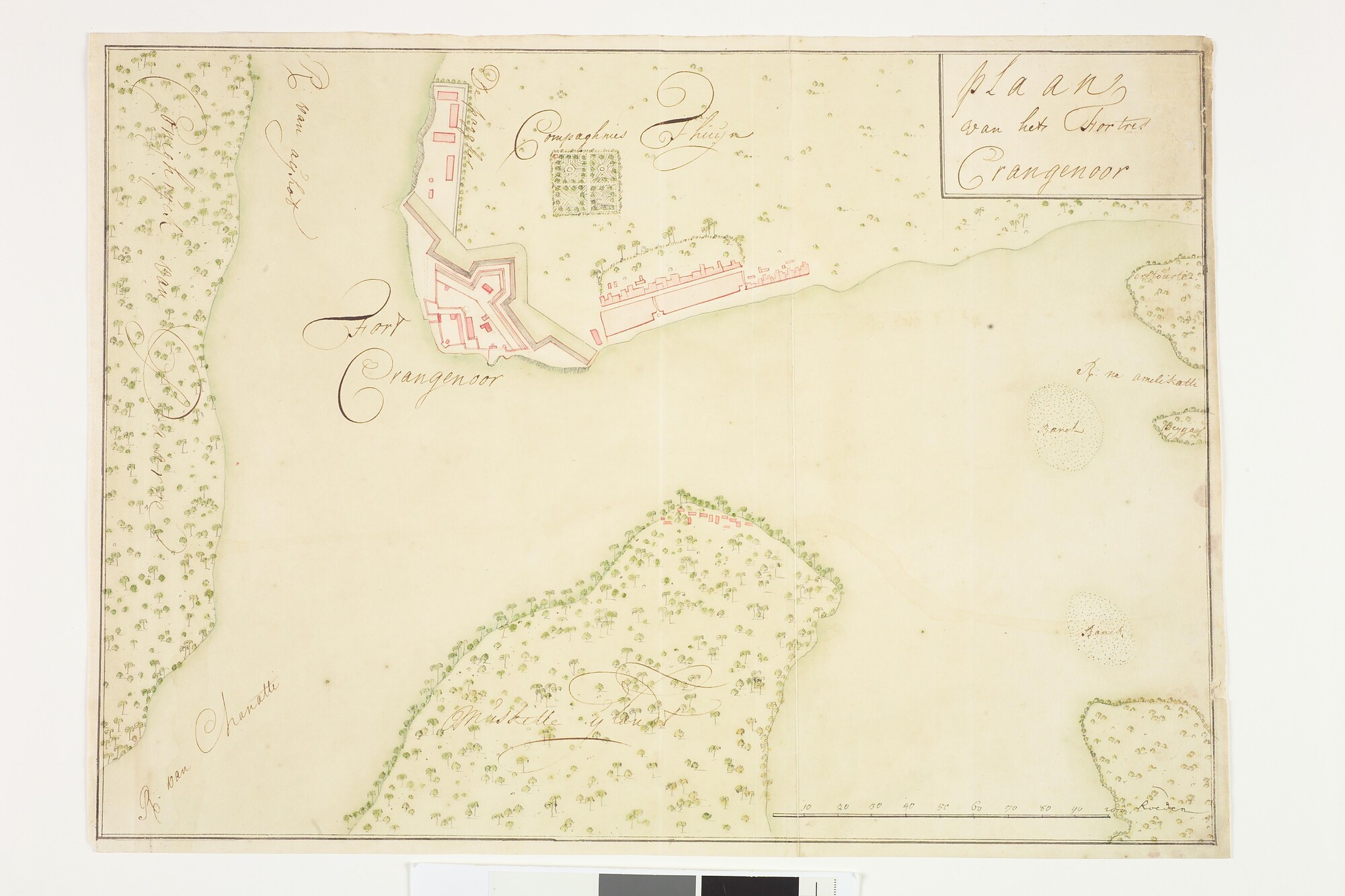 A.2444(04); Gekleurde handschriftkaart van fort Crangenoor in Malabar; landkaart