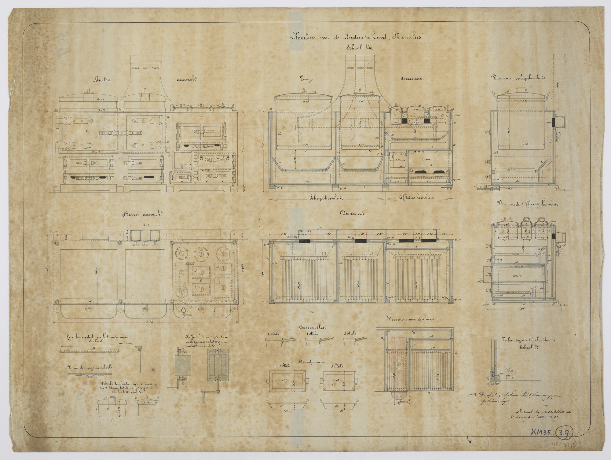 S.2175(4771); Kombuis aan boord van het instructieschip, het zeilkorvet Zr.Ms. 'Nautilus'; technische tekening