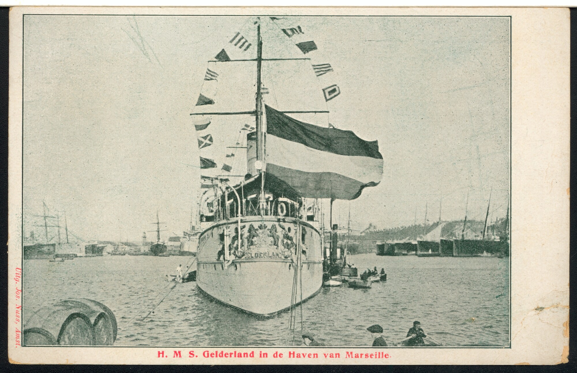 S.5232(25)07; 'HMS 'Gelderland' in de haven van Marseille': De Hr.Ms. 'Gelderland' in de haven van Marseille met een klein stoomschip en roeiboten langszij [...]; prentbriefkaart