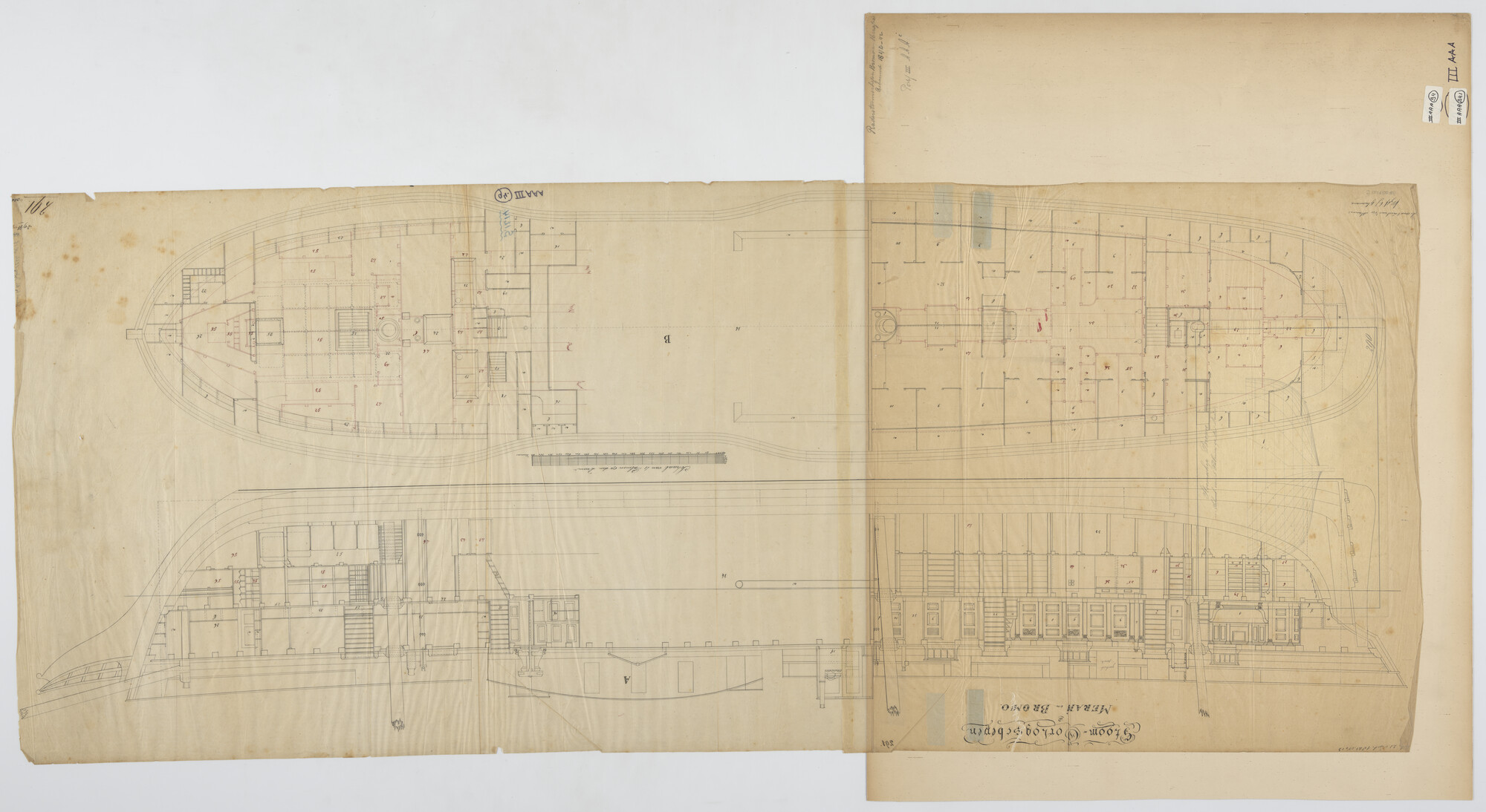 S.1214(0240); Inrichtingsplan van de raderstoomschepen Zr.Ms. 'Bromo'en 'Merapi' van 8 stukken; technische tekening
