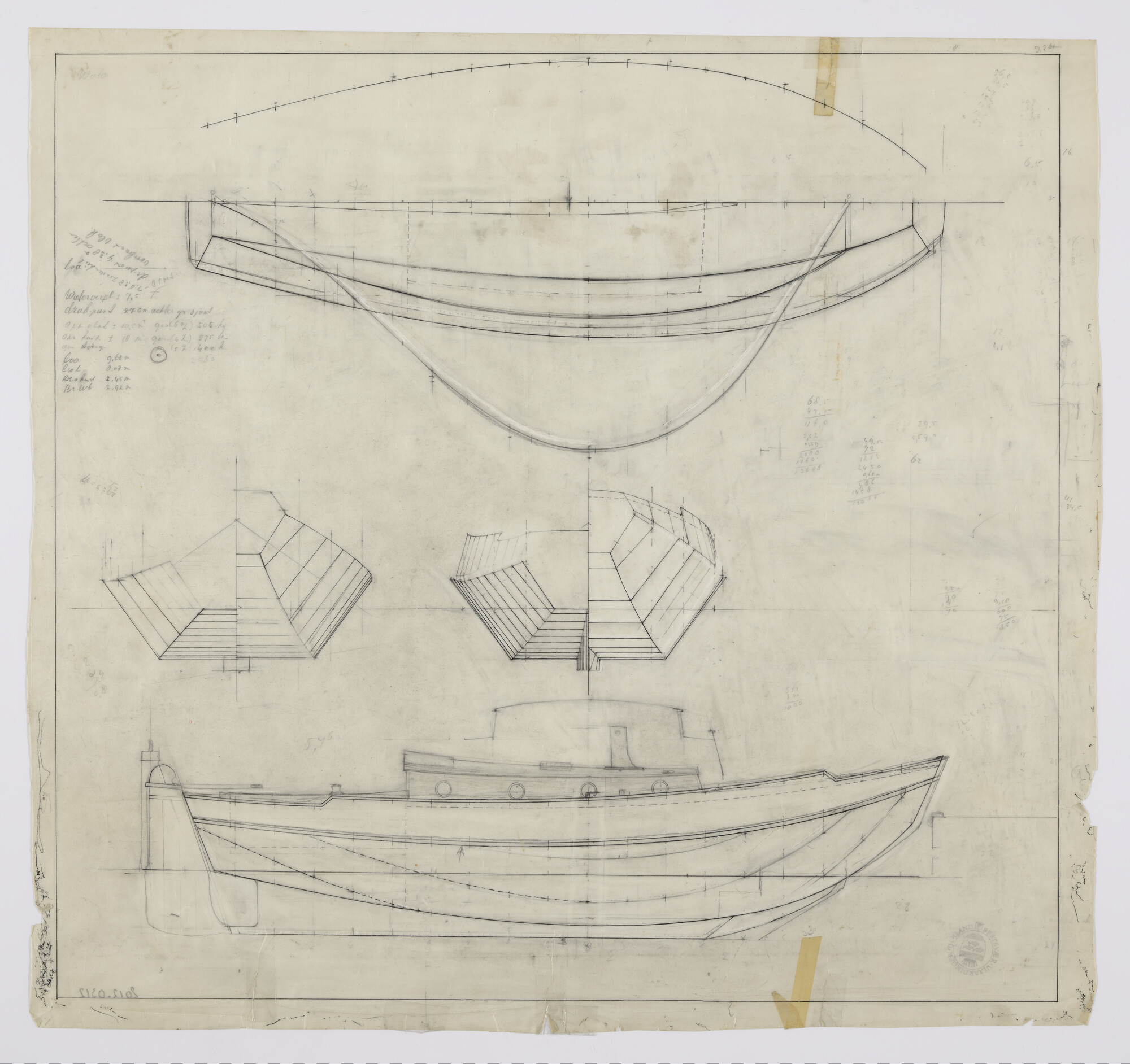 2012.0312; Lijnenplan van de zeeschouw Bestevaer van 9.68 m; technische tekening