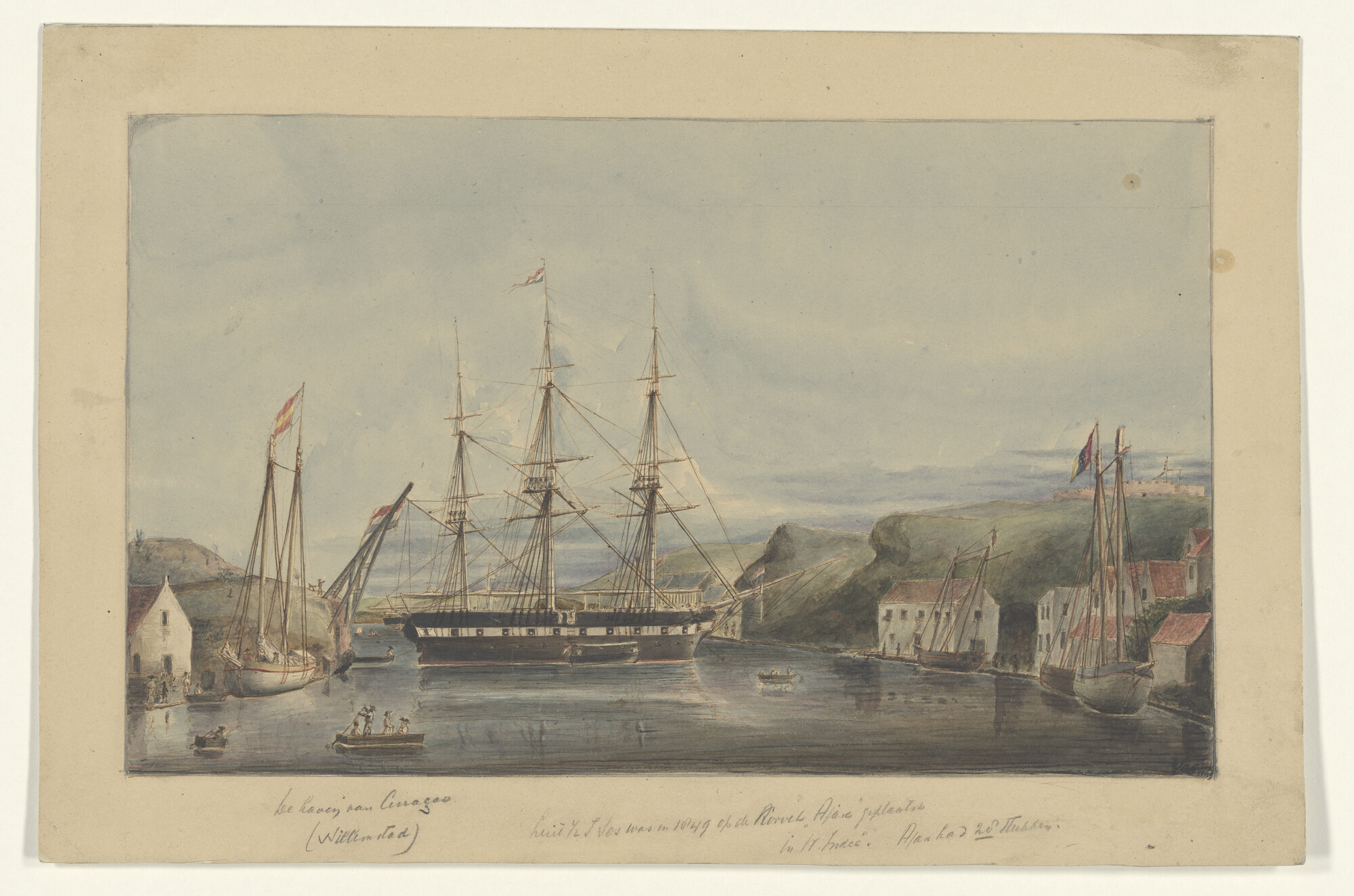 S.1286(06); Het korvet Zr.Ms. 'Ajax' voor anker in de haven Curacao; tekening