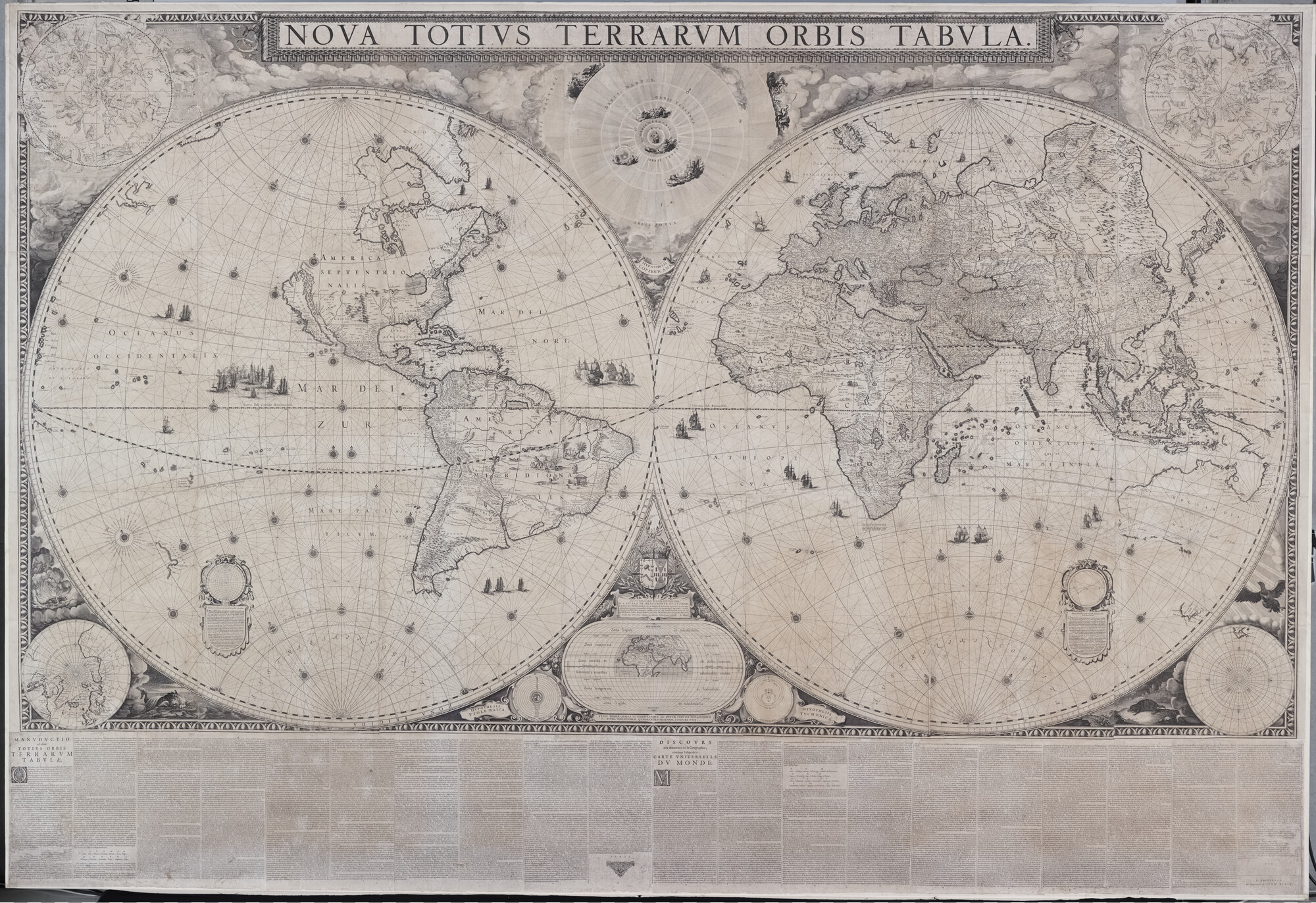 S.0864; Wandkaart van de wereld door Joan Blaeu uitgegeven ter gelegenheid van de Vrede van Münster, 1648; wandkaart