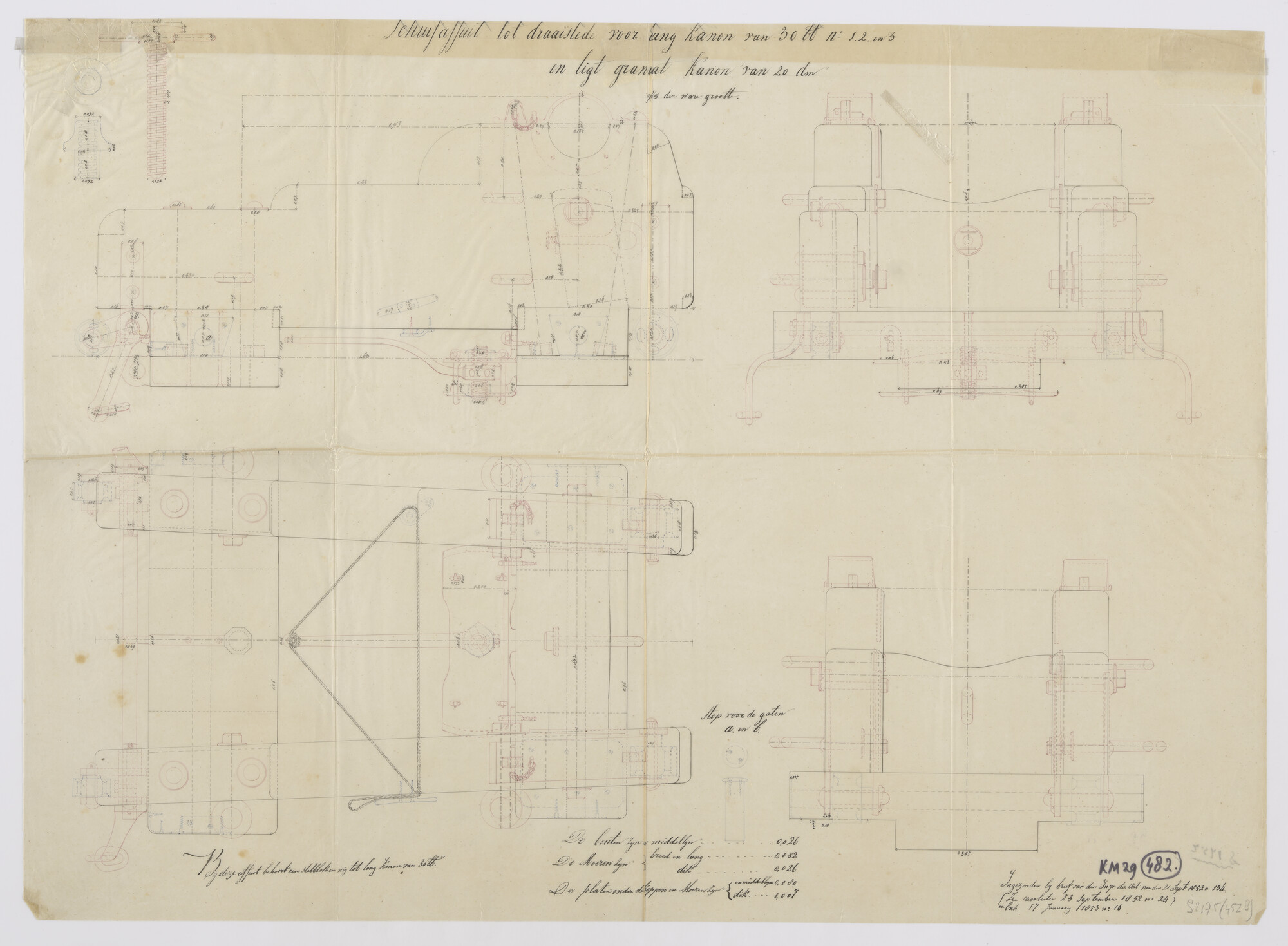 S.2175(4528); Schuifaffuit tot draaislede voor lang kanon van 30 lb no. 1, 2 en 3 en licht granaat kanon 20 dm; technische tekening
