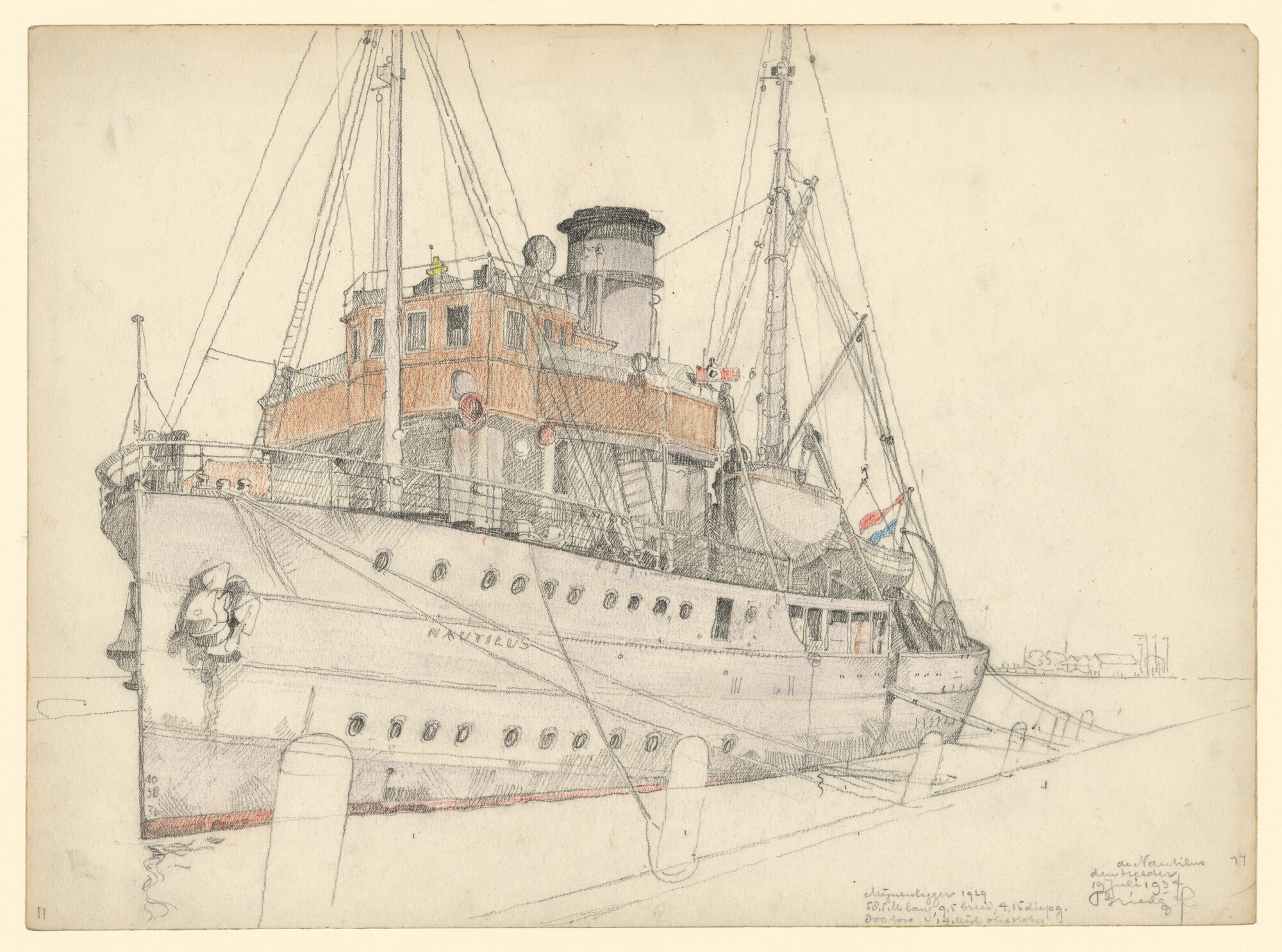 A.4894(16); De mijnenlegger 'Nautilus' aan de kade te Den Helder; tekening
