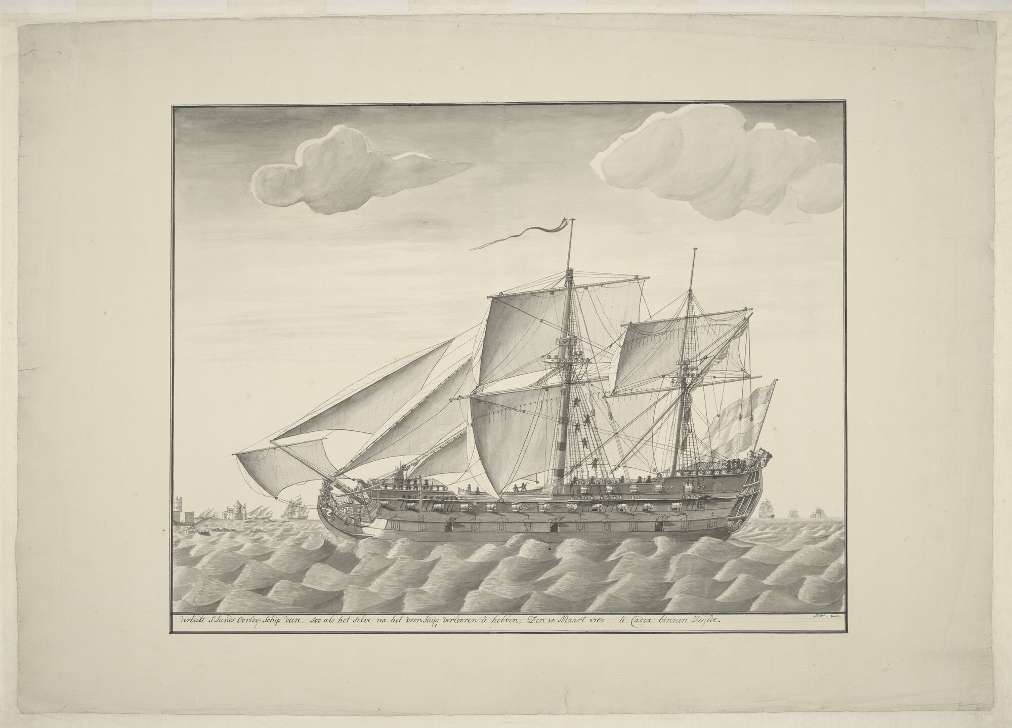 A.3432(02); Het gehavende oorlogsschip 'Veere' bij het binnenzeilen van de haven van Cadiz; tekening