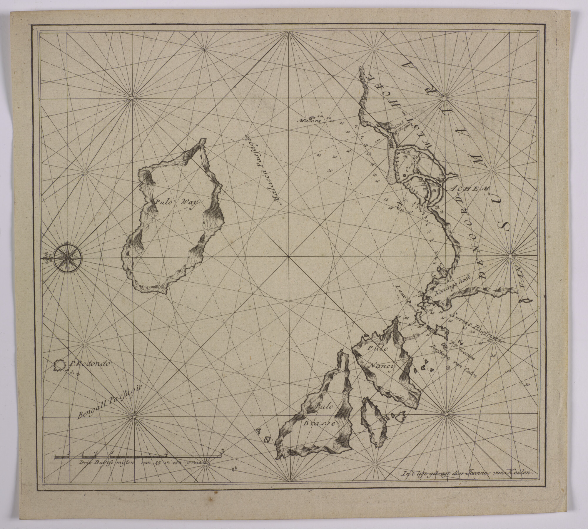 S.0966(08); Detailkaart van de noordwesthoek van Sumatra, de Malacca Passagie (Straat Malakka) en de eilanden Pulo Waij, Pulo Brasse en Pulo Nancy (Pulau We(h), Pulau Breueh en Pulau Nasi); kaart