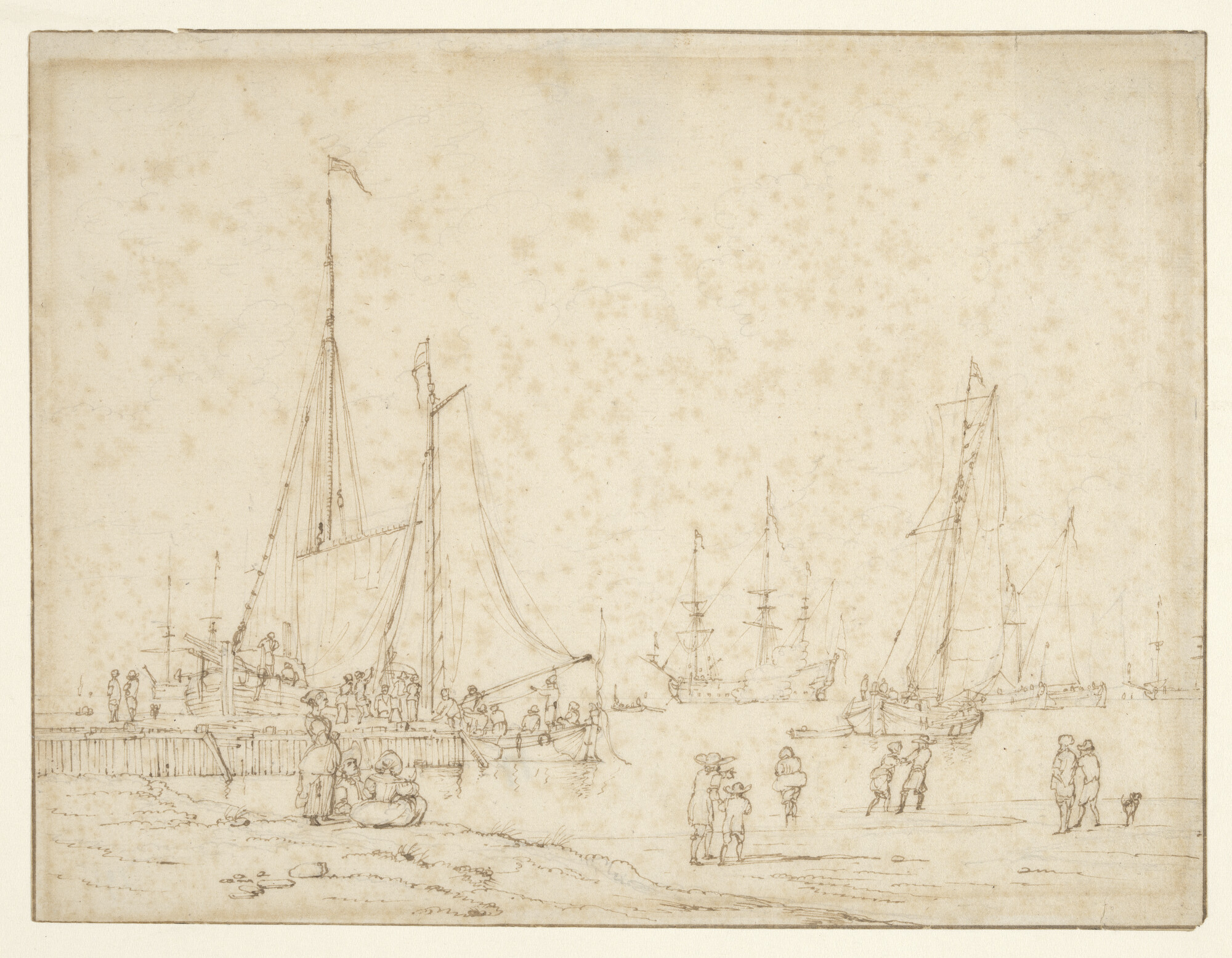 A.0145(183)08; Gezicht op een rede vanaf het strand; tekening
