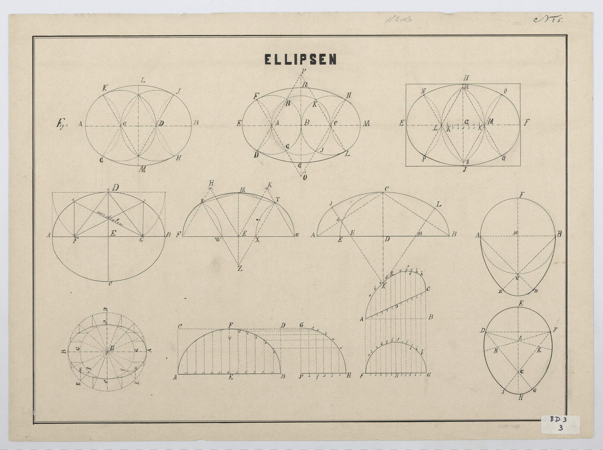 S.5181(029); Inleiding in de eerste beginselen rechtlijnig, bouwkunstig- en werktuigbouwkunstig tekenen: ellipsen; technische tekening