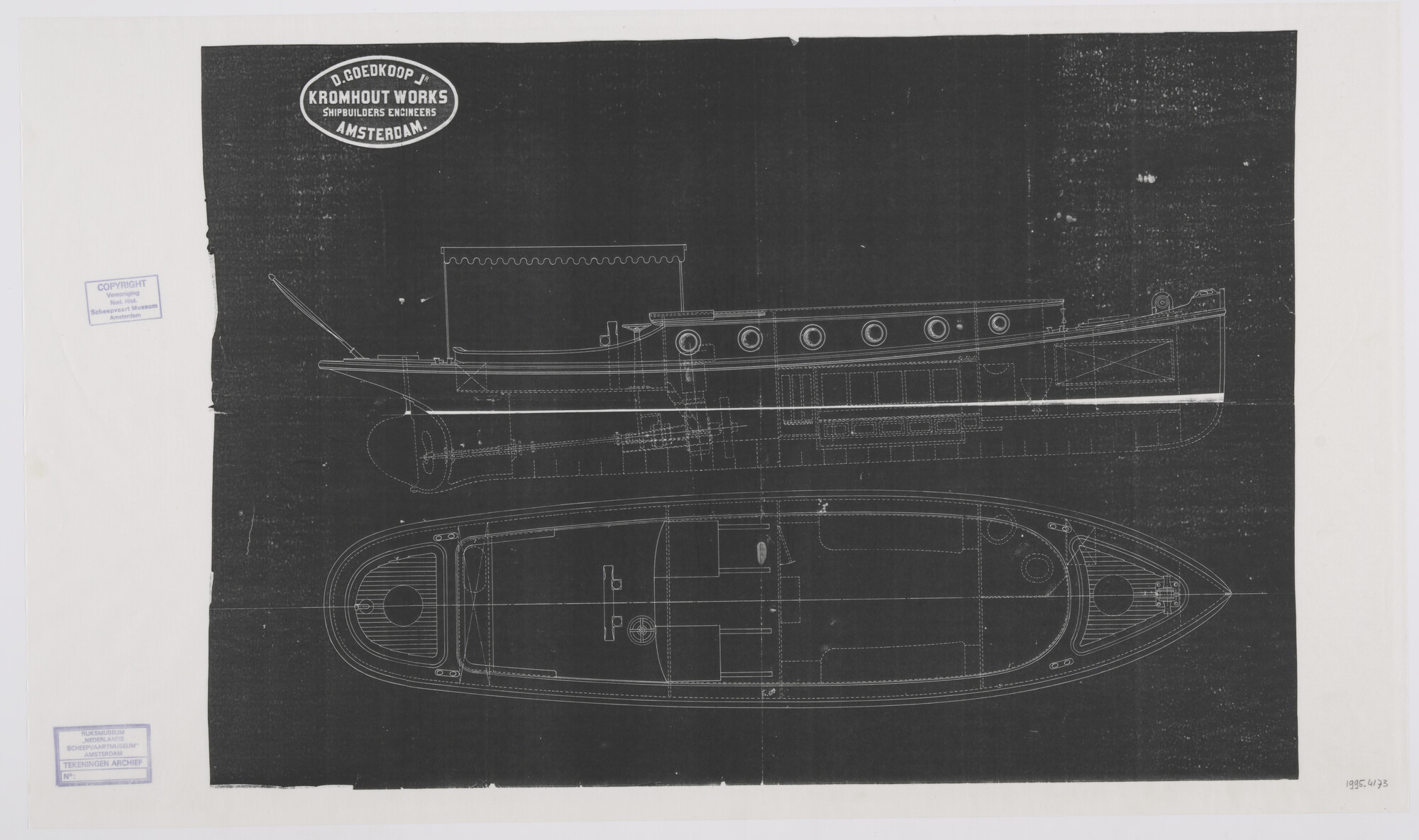 1995.4173; Algemeen plan van de motorsloep Werf 't Kromhout III; technische tekening