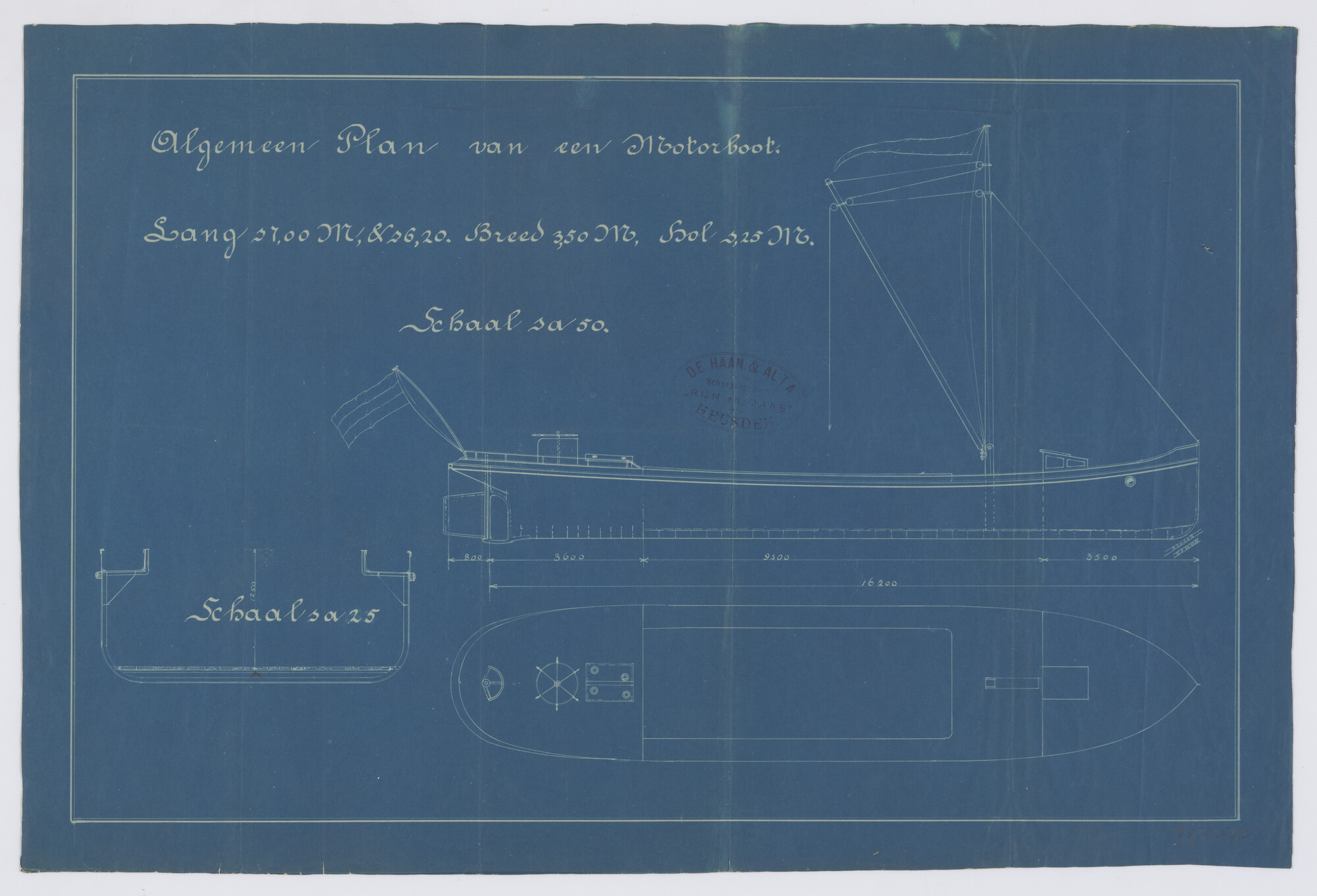 1993.0790; Algemeen plan van een motorboot met hijskraan; technische tekening