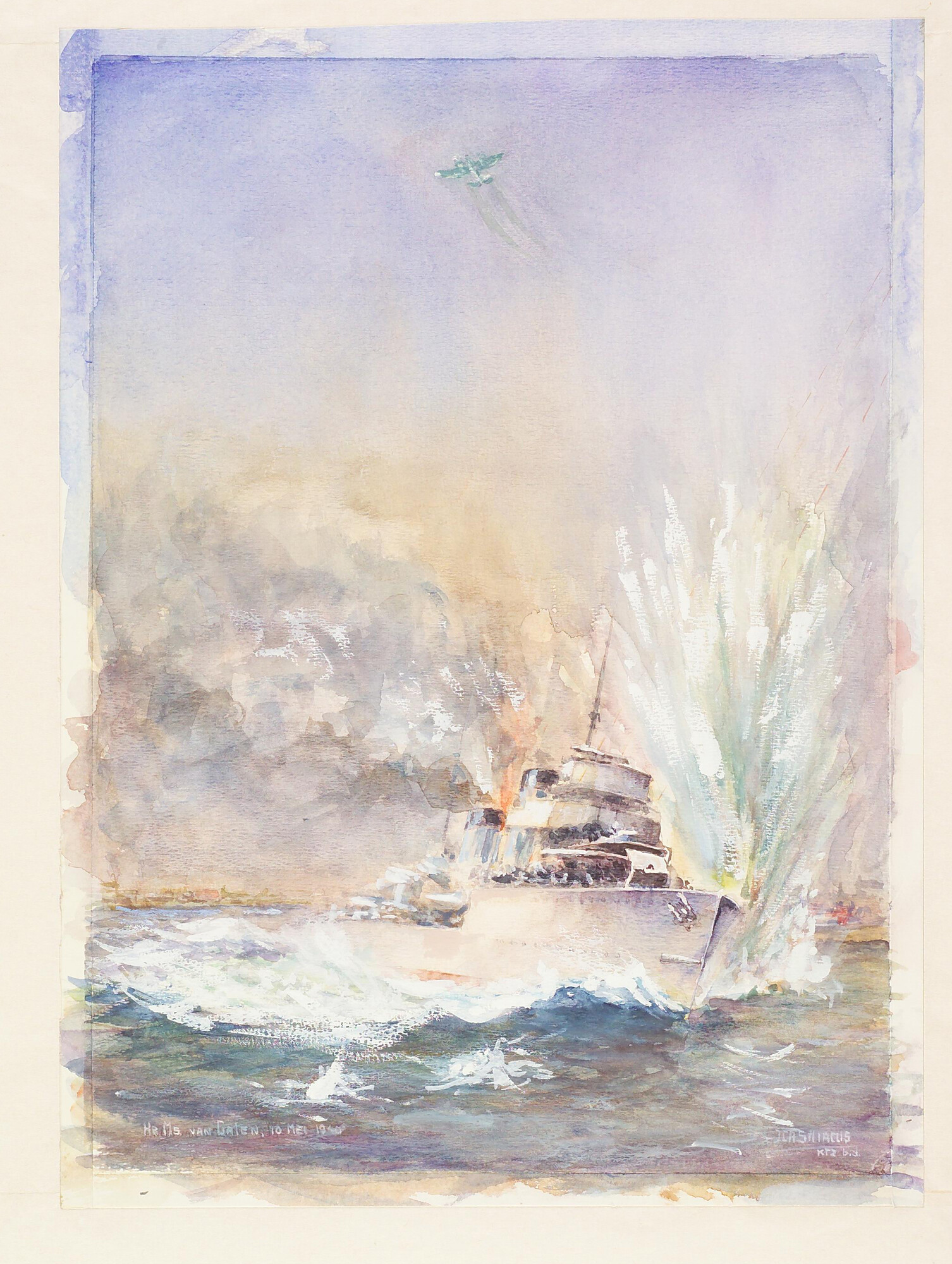 1989.1100; Hr.Ms. 'Van Galen' op de Nieuwe Waterweg tijdens een luchtaanval, 10 mei 1940; tekening