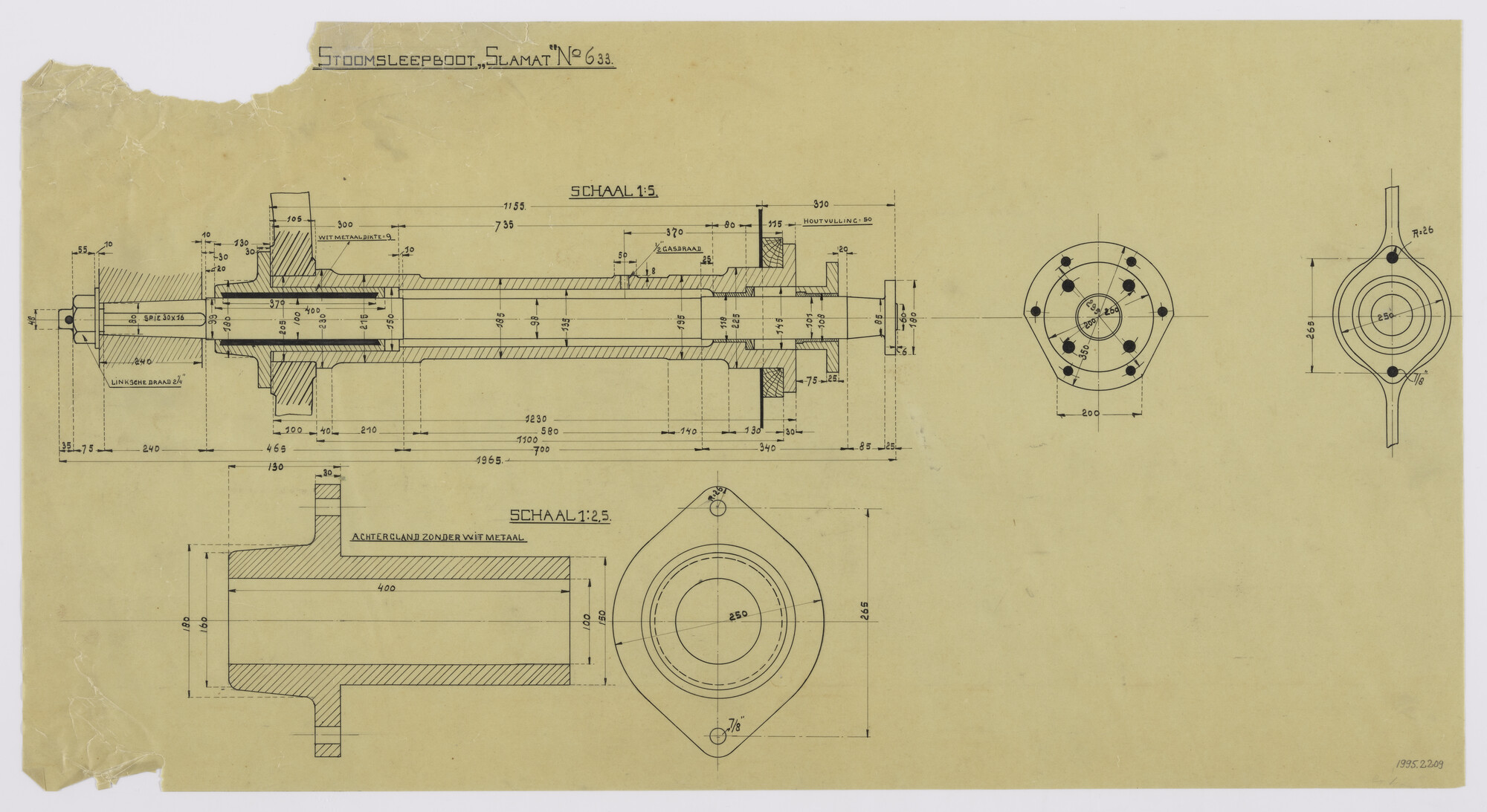1995.2209; Schroefaskoker van de stoomsleepboot 'Slamat'; technische tekening