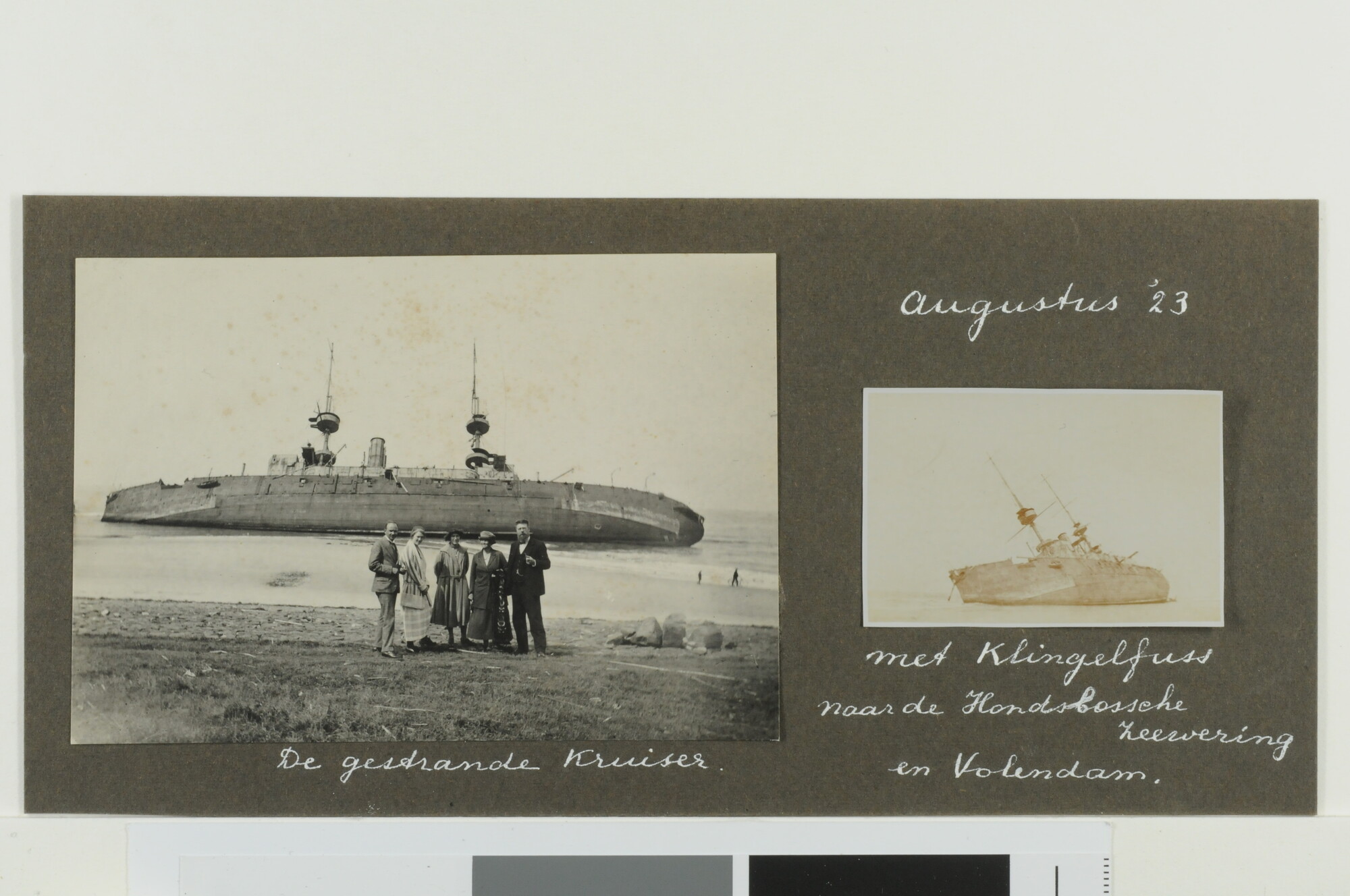 1999.0719; Deel van een pagina uit een fotoalbum: het voormalige Britse slagschip 'Prince George' op het strand bij Schoorl in augustus 1923; fotoreportage