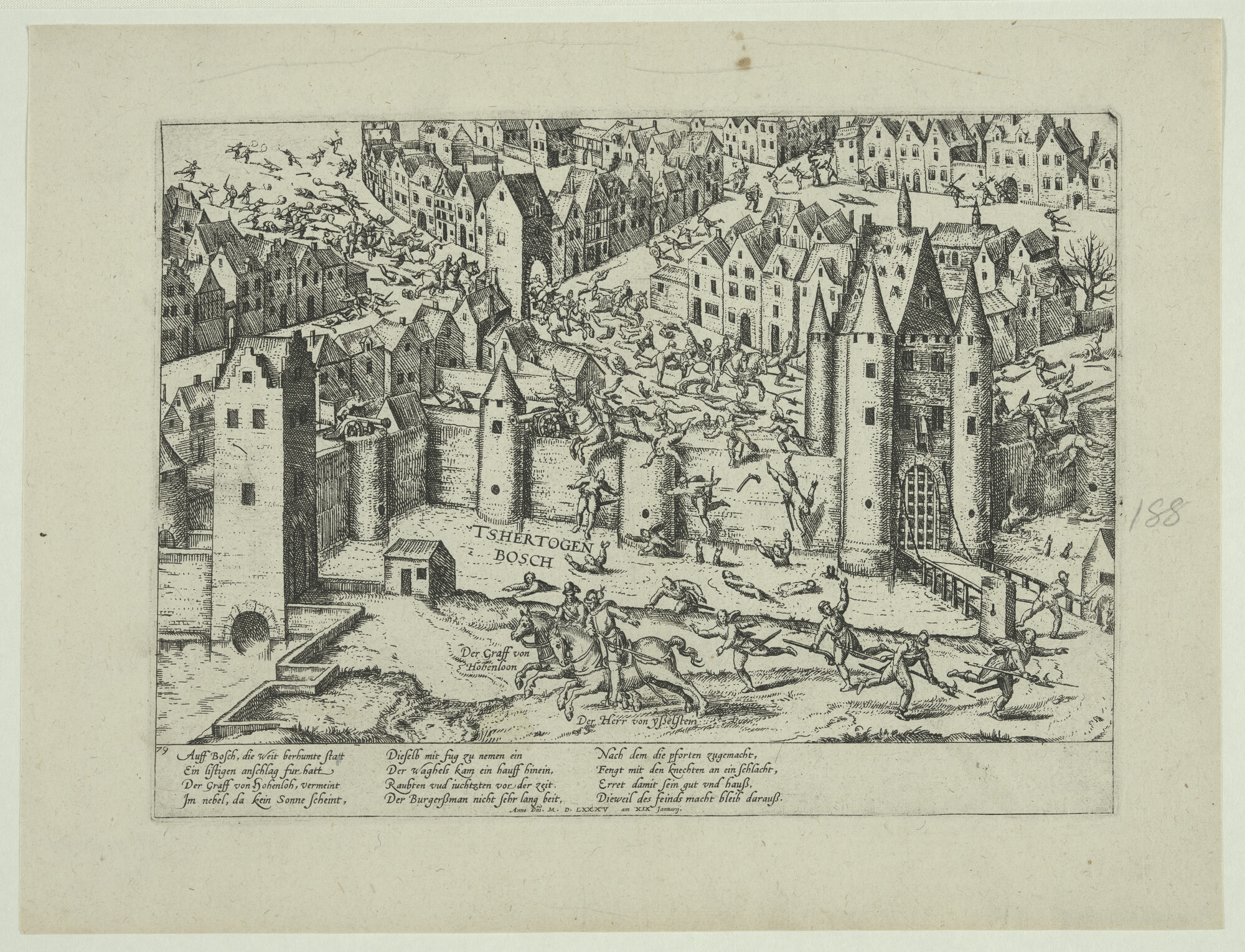 A.0145(027)250; Mislukte aanslag van Hohenlohe op 's-Hertogenbosch, 19 januari 1585; prent