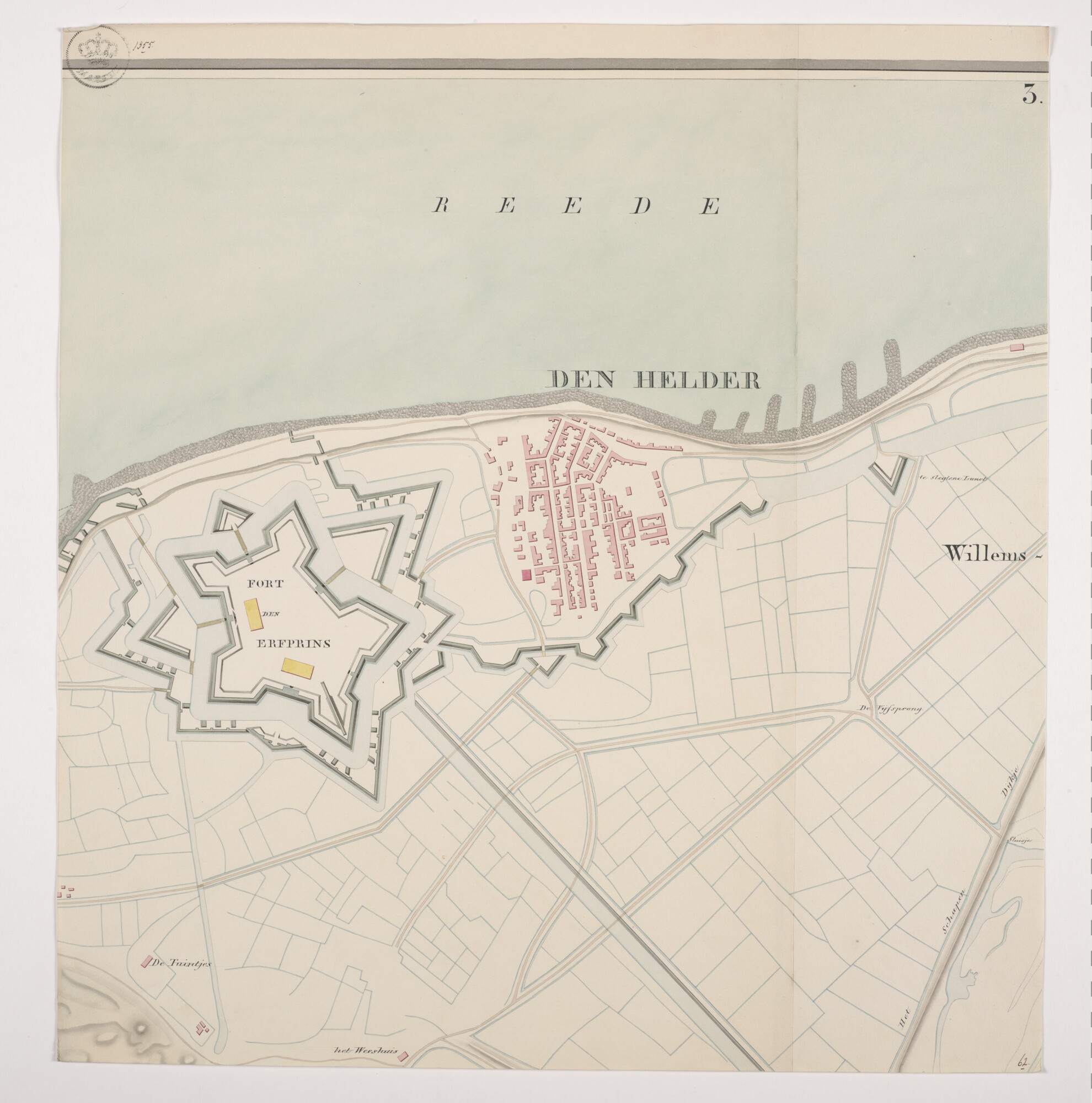 B.0216(0284); Gekleurde kaart in handschrift in 8 bladen van Den Helder, omliggende forten en Willemsoord, met één verzamelblad, In originele met gouden letters bedrukte map; landkaart