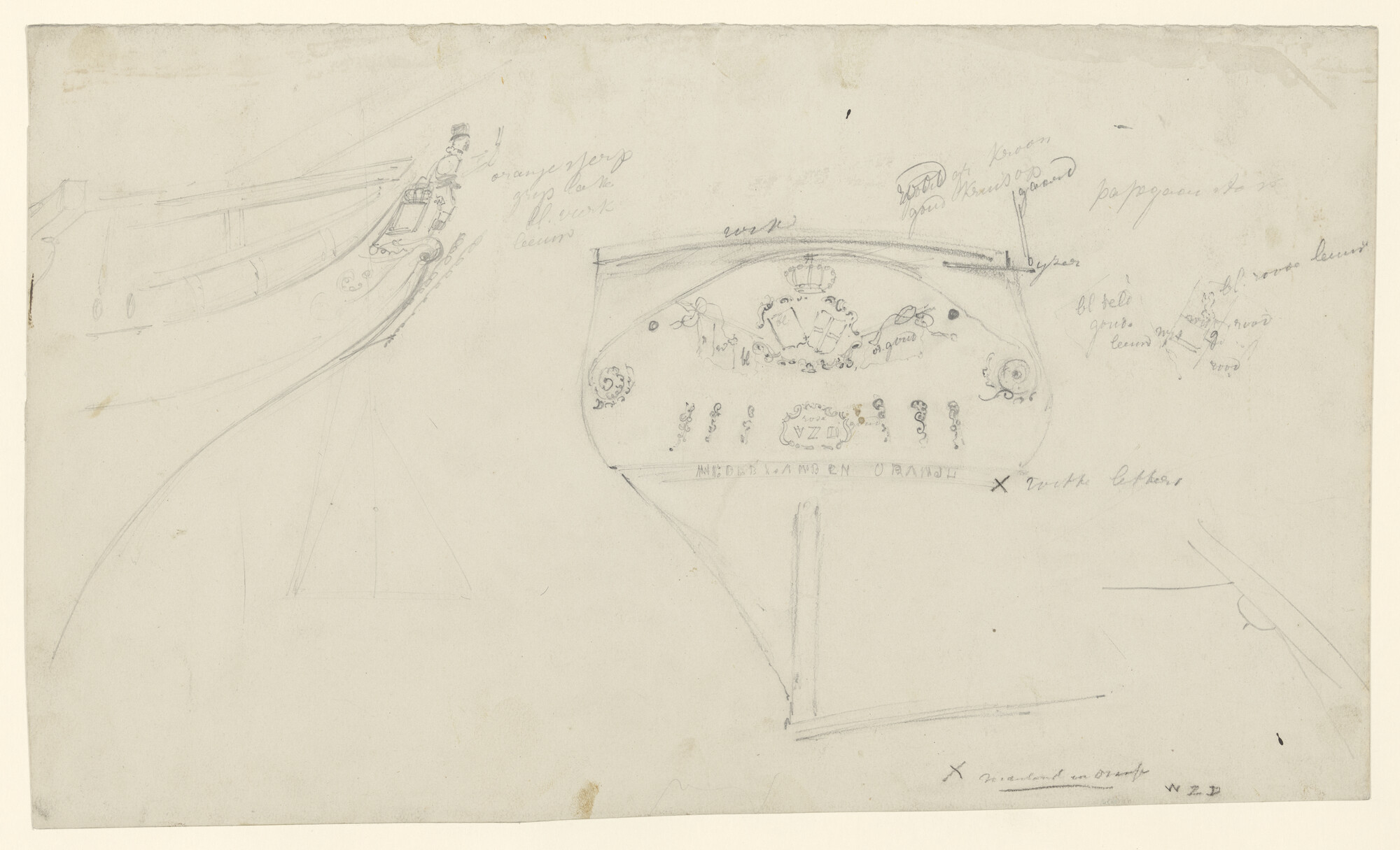 S.3107(07)034; Voor- en achterschip van het barkschip Nederland en Oranje; tekening
