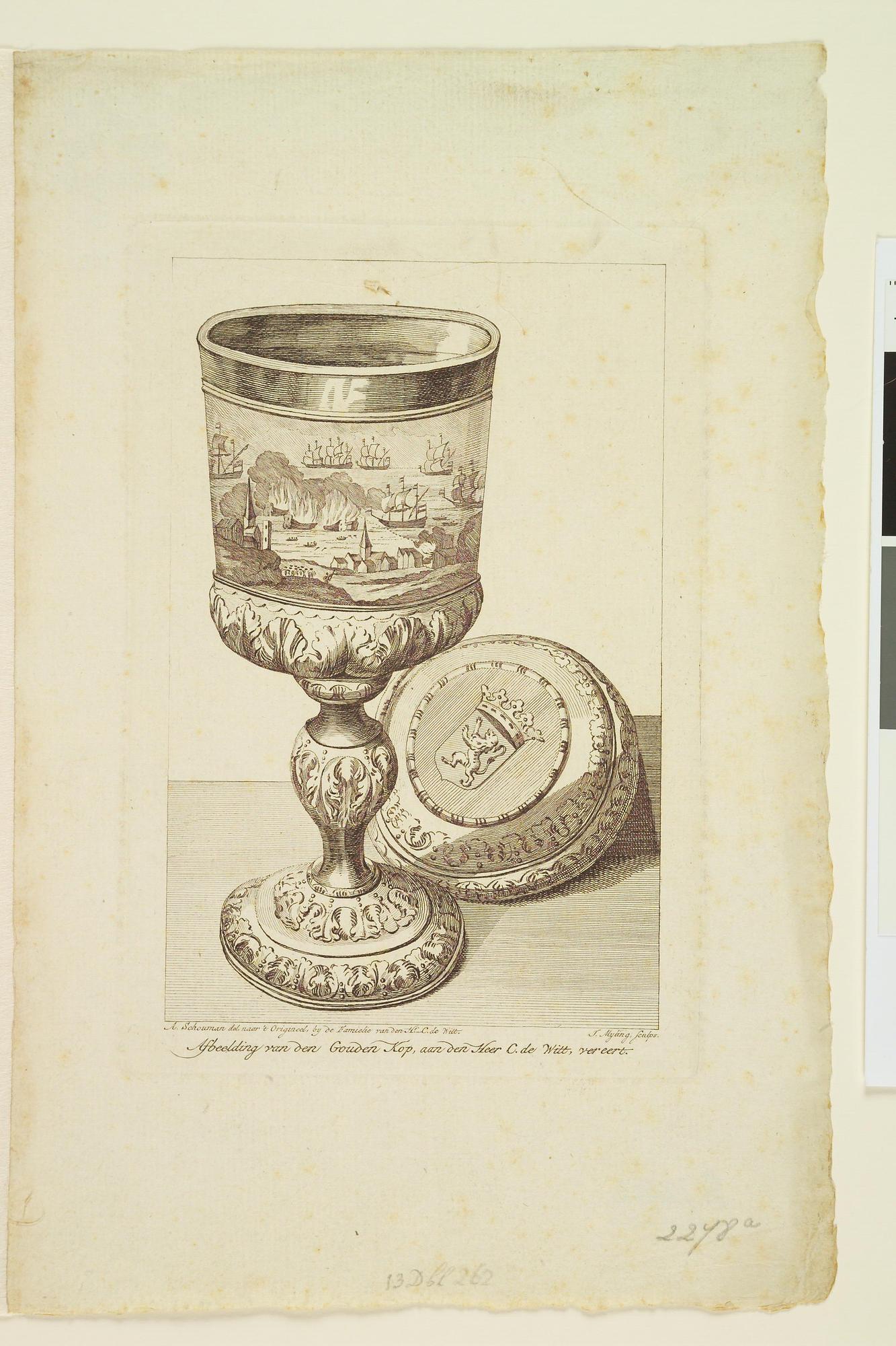 S.1282 [nr 0006]; Afbeelding van de Gouden Kop, aan Cornelis de Witt opgedragen, wegens de overwinning bij Chatham; prent
