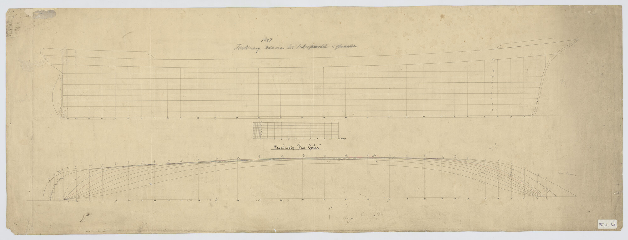 S.1156(05)0086; Zijaanzicht, waterlijnen van de klipperbark Van Galen; technische tekening
