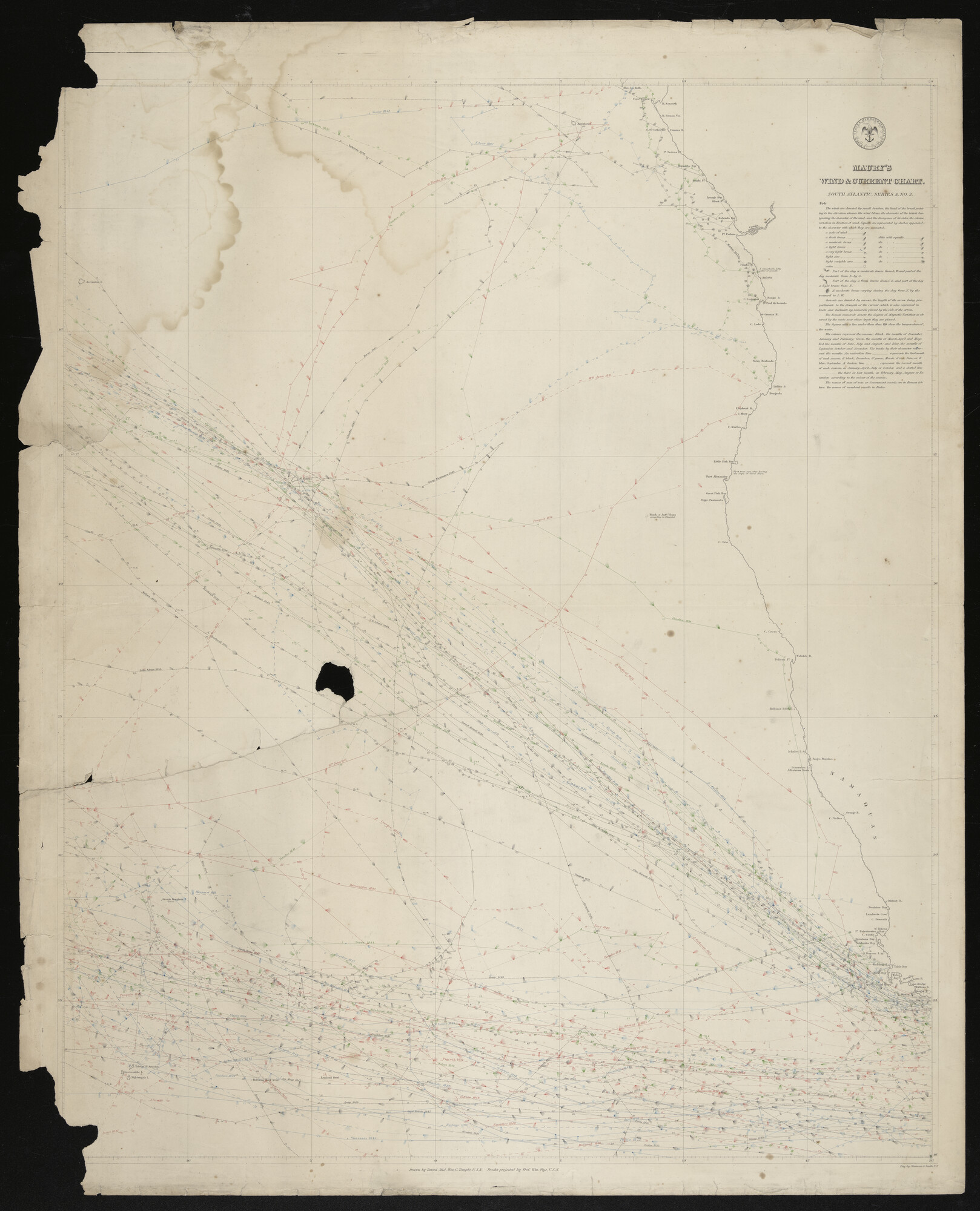 S.3380(31); Gekleurde kaart met windrichtingen en passaten op de Atlantische Oceaan; windkaart