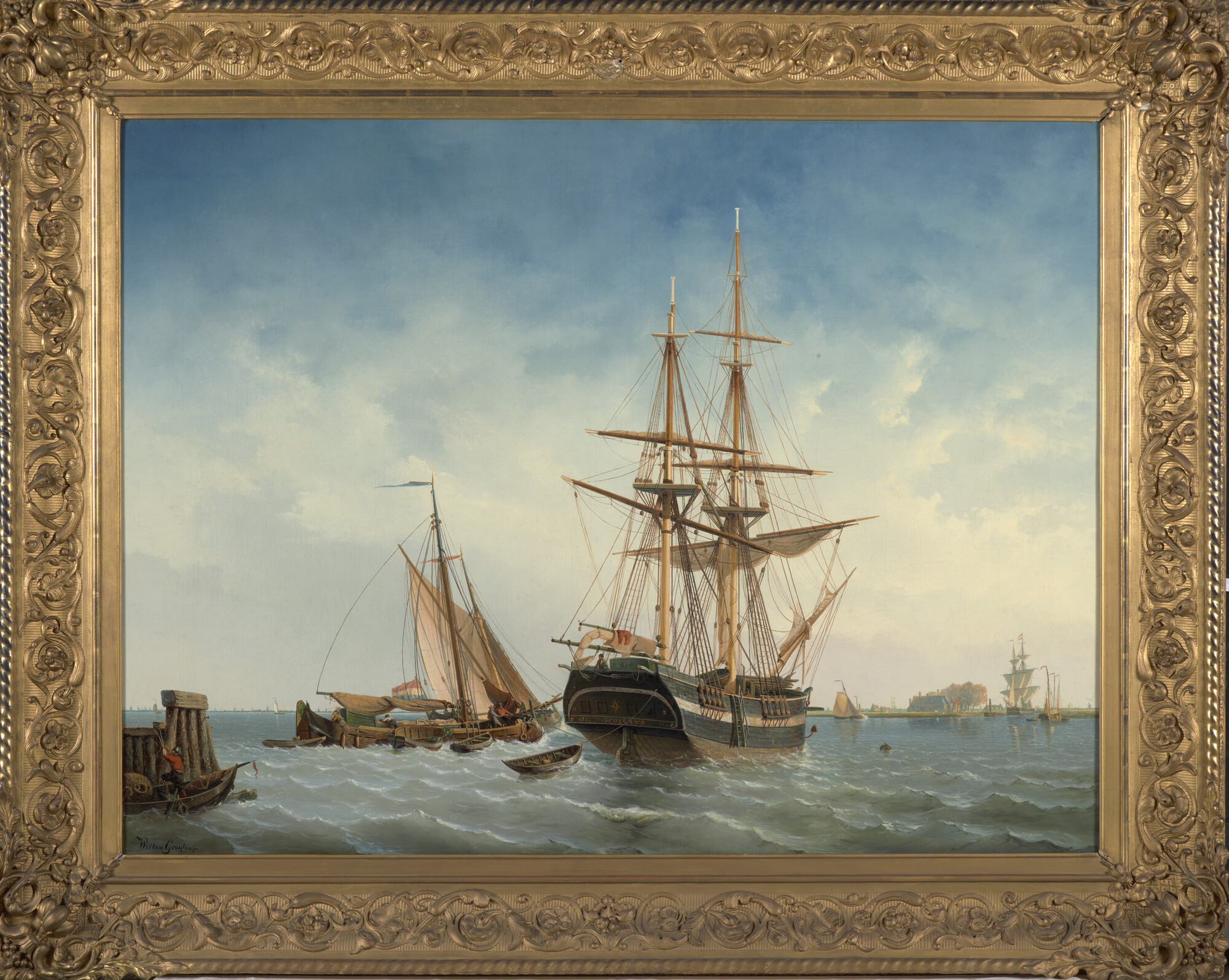 A.4347; Het voor anker liggende brikschip Holland en enige andere binnenvaartschepen op het IJ; schilderij