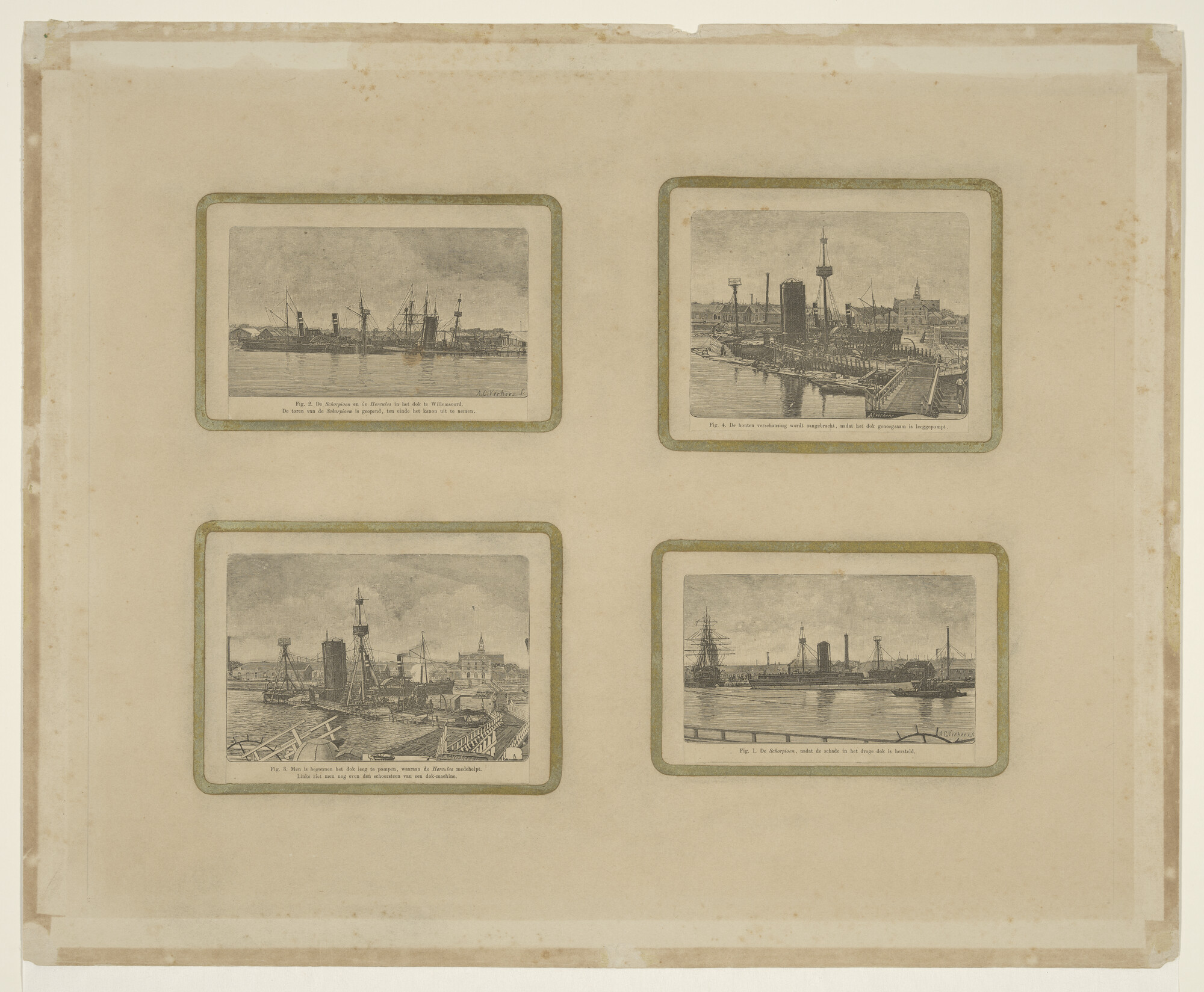 S.0525(53)09; De 'Schorpioen' en 'De Hercules' in het dok te Willemsoord in augustus 1886; prent