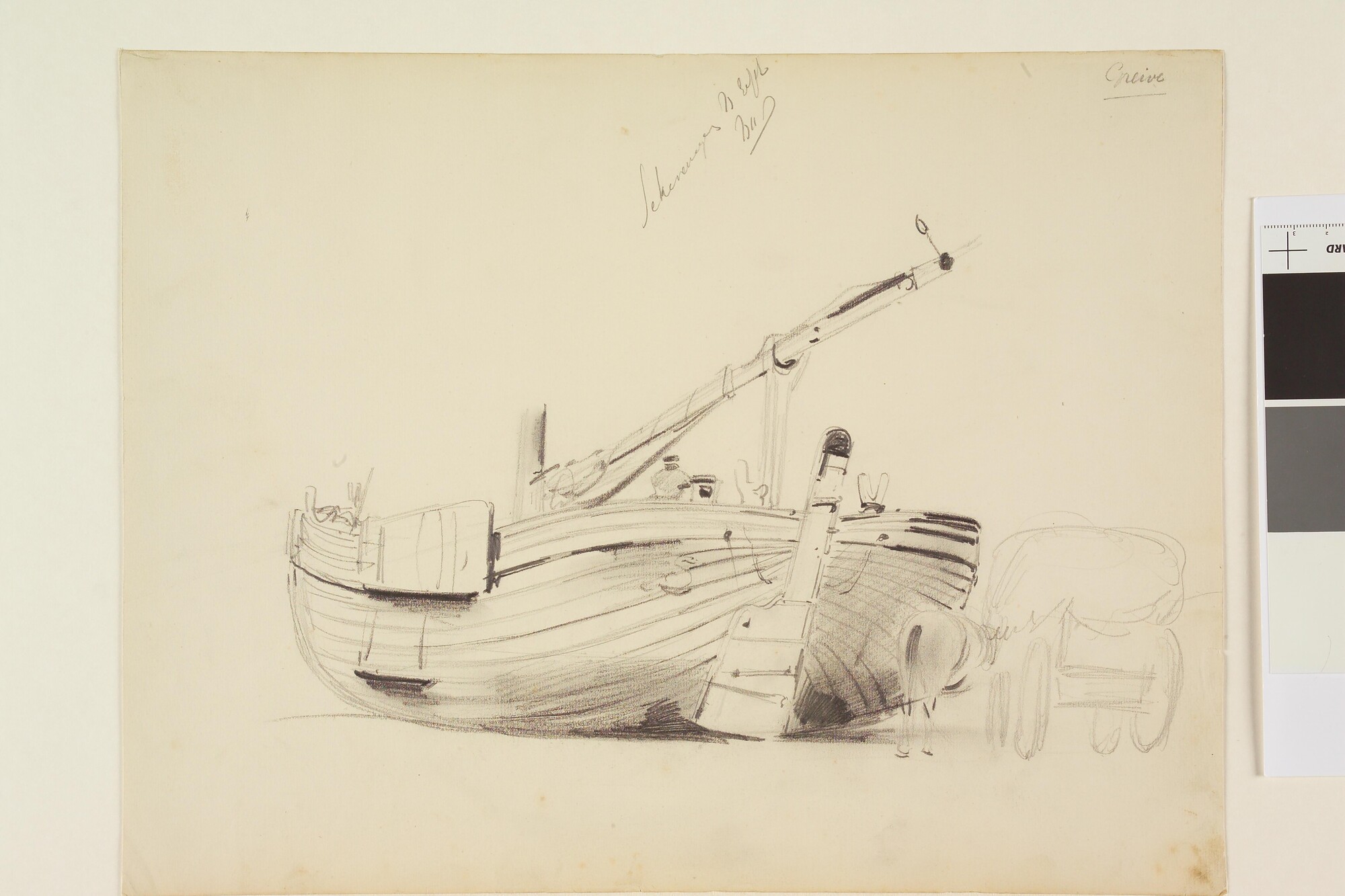 A.2054(03); Een bomschuit en een nettenkar op het strand van Scheveningen; tekening
