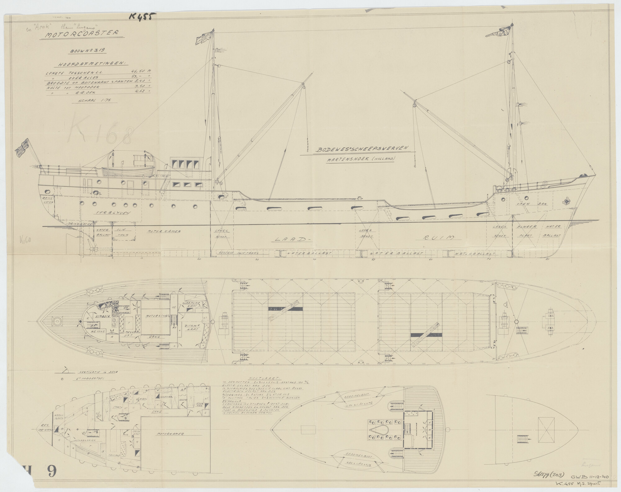 S.6879(203); Algemeen plan voor de coasters ms. 'Spurt', 'Lugano' en 'Arakhip'; technische tekening