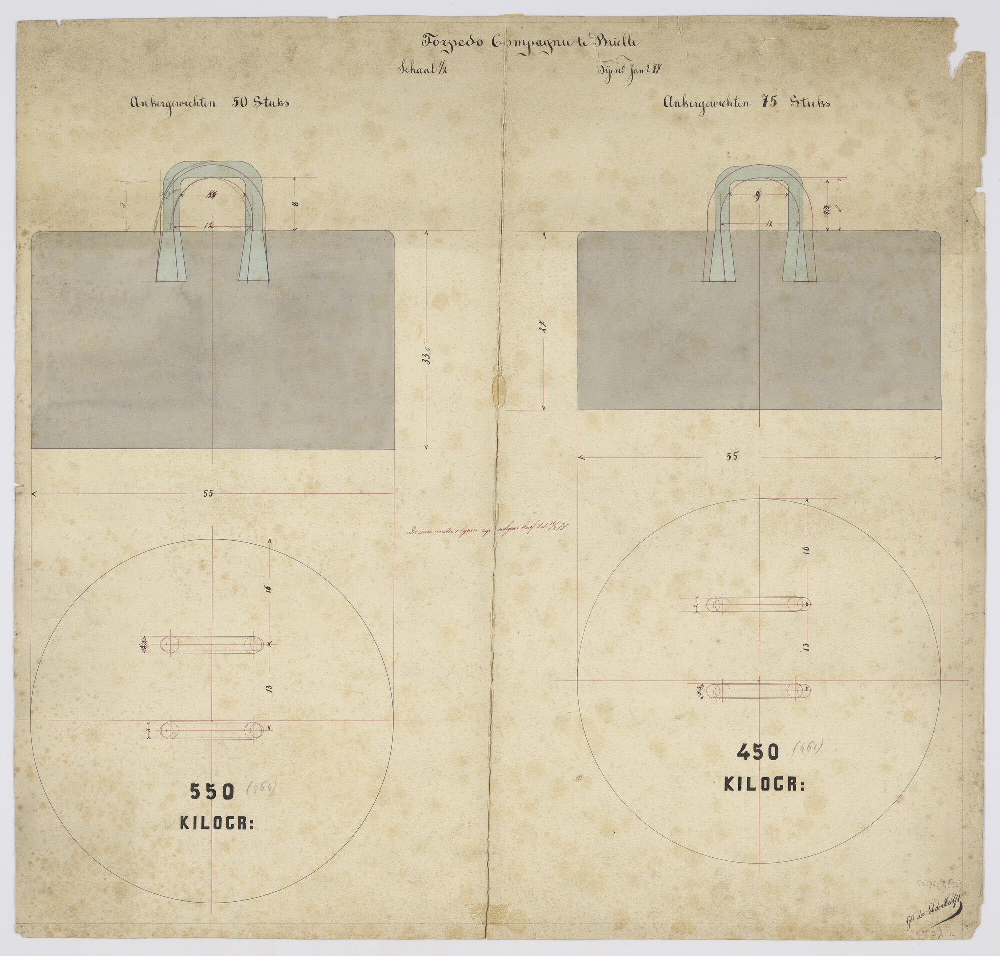 S.2175(4852); Ankergewichten van 450 en 550 kg; technische tekening