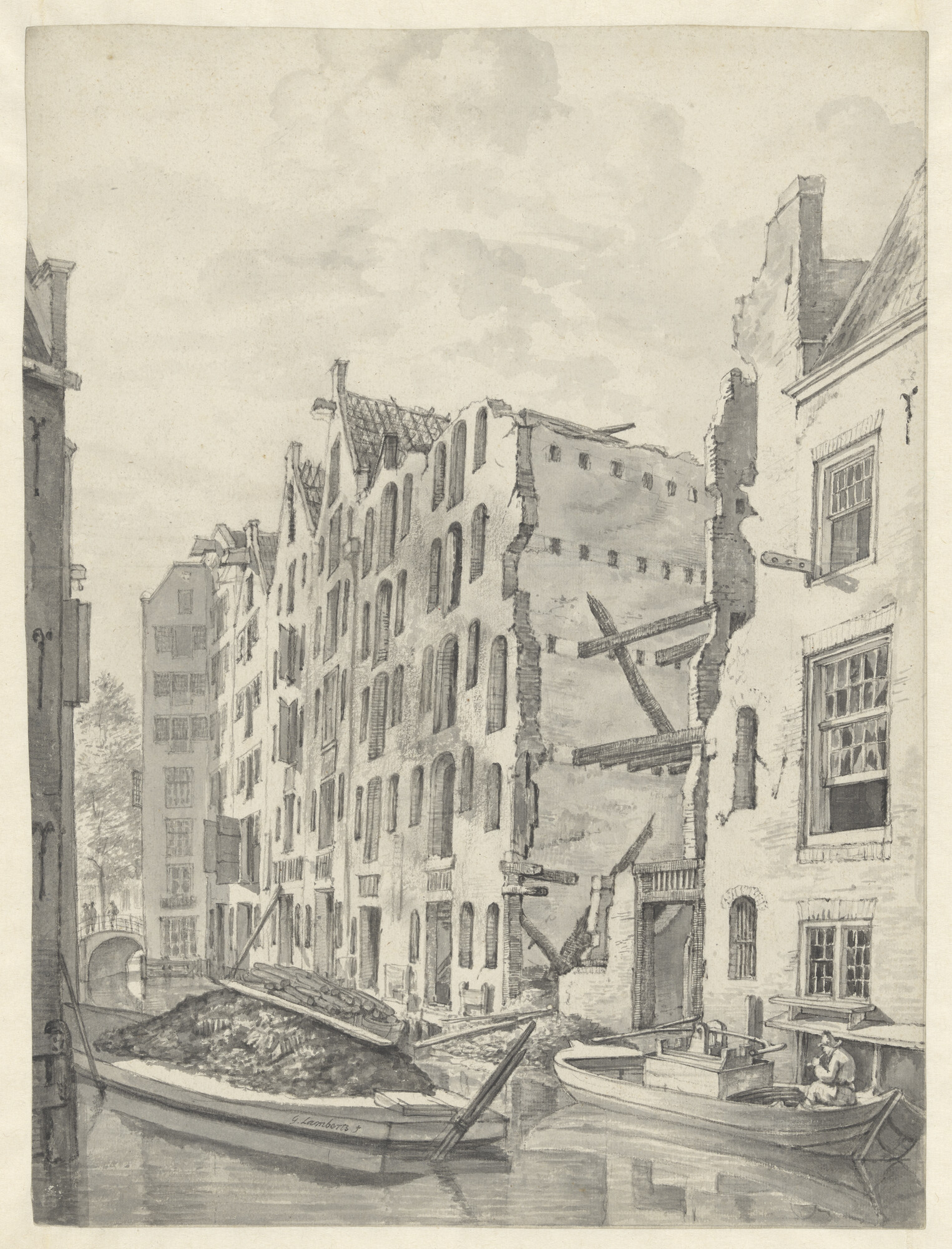 1990.0003; Het Kattegat te Amsterdam na de brand van de Nieuwe Lutherse Kerk, 1822; tekening