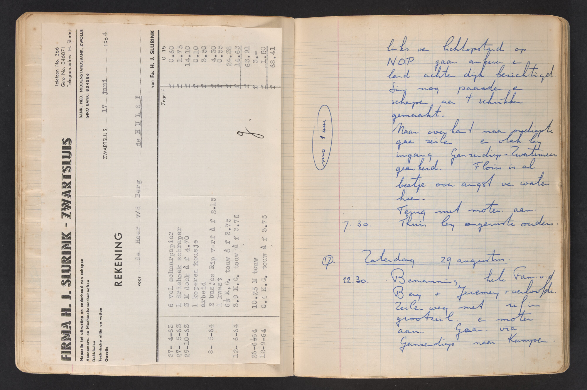 2017.0796; Logboek c.q. fotoalbum van o.a. reizen met zeeschouw Grutto in Nederland, 1963-1965; logboek