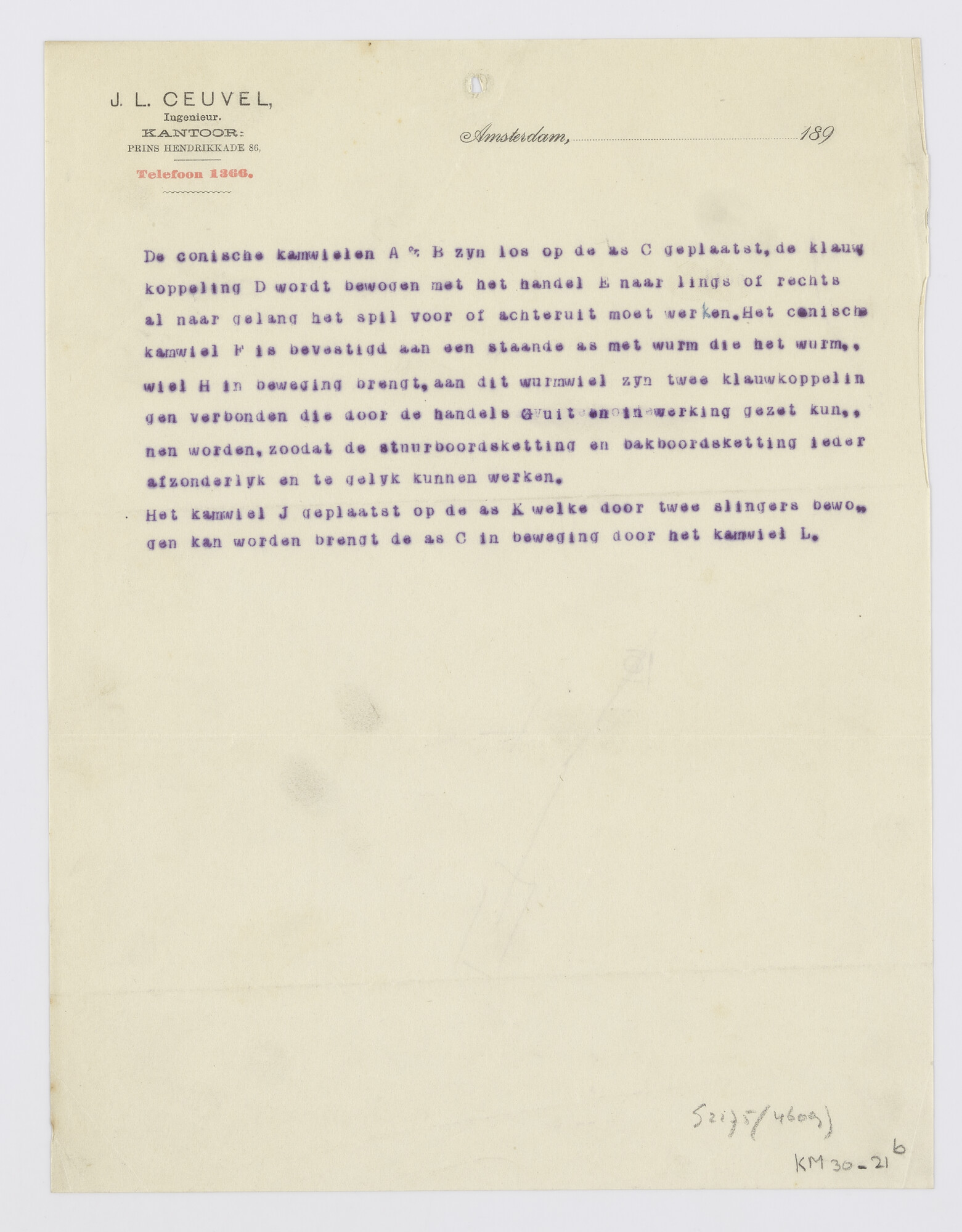 S.2175(4609); Brief met technische beschrijving van horizontaal geplaatste stoom- en hand ankermachine voor ankerkabels van 1½"; brief