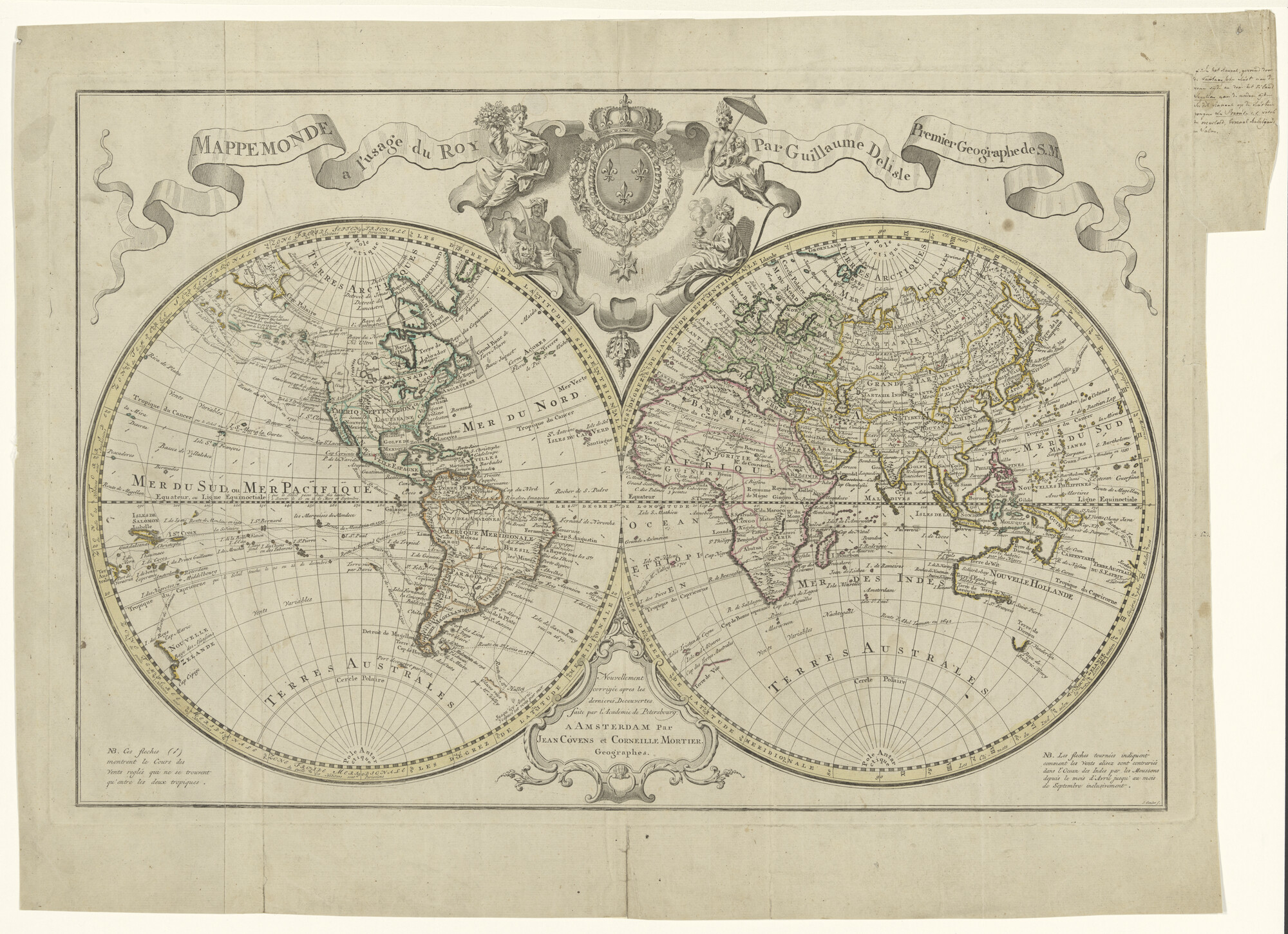 S.0183(08); Met de hand gekleurde wereldkaart naar Guillaume De l'Isle (1675-1726); wereldkaart