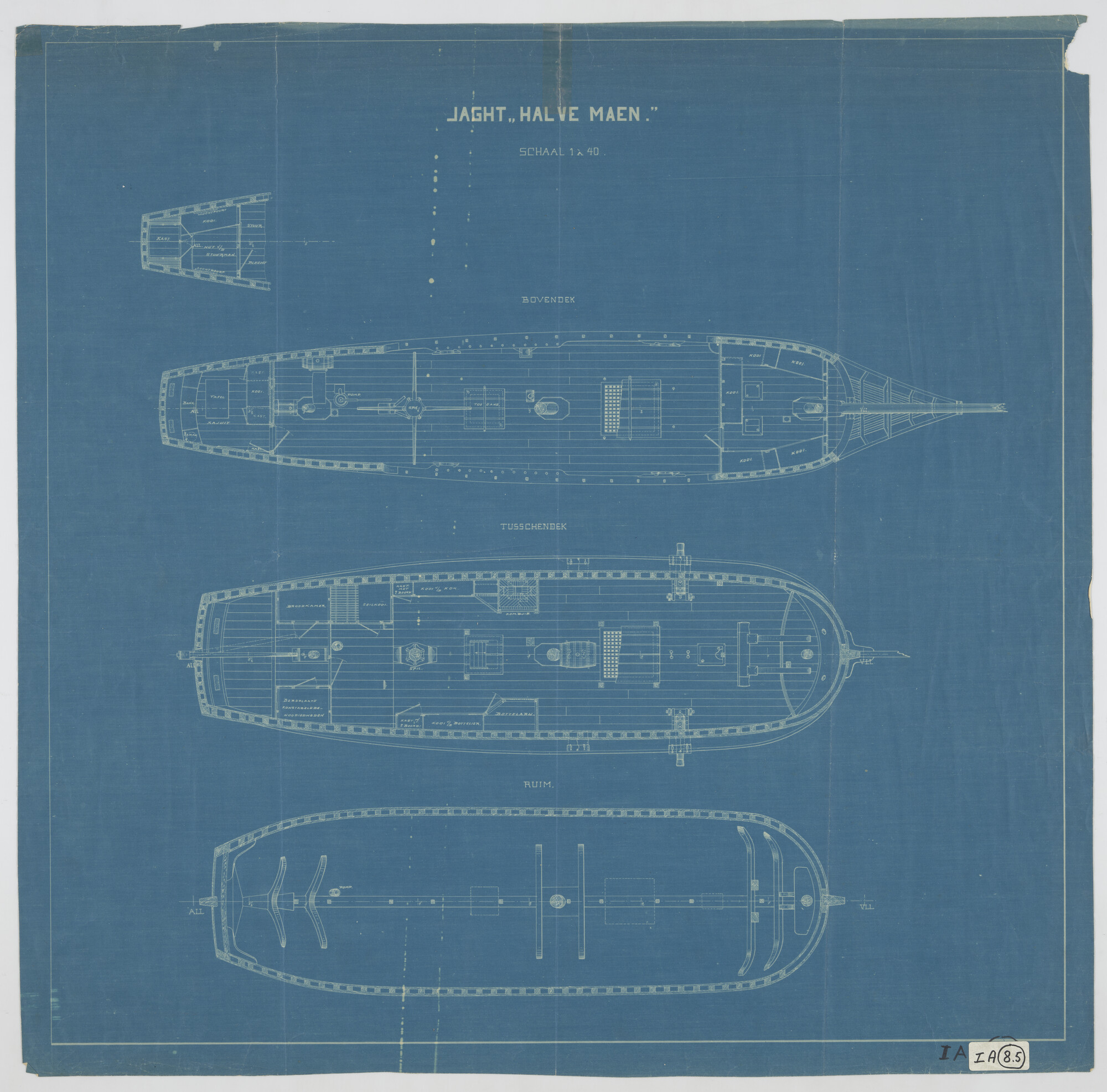S.2112(05a)06; Dekplan van de replica van het jacht  'Halve Maen'; technische tekening