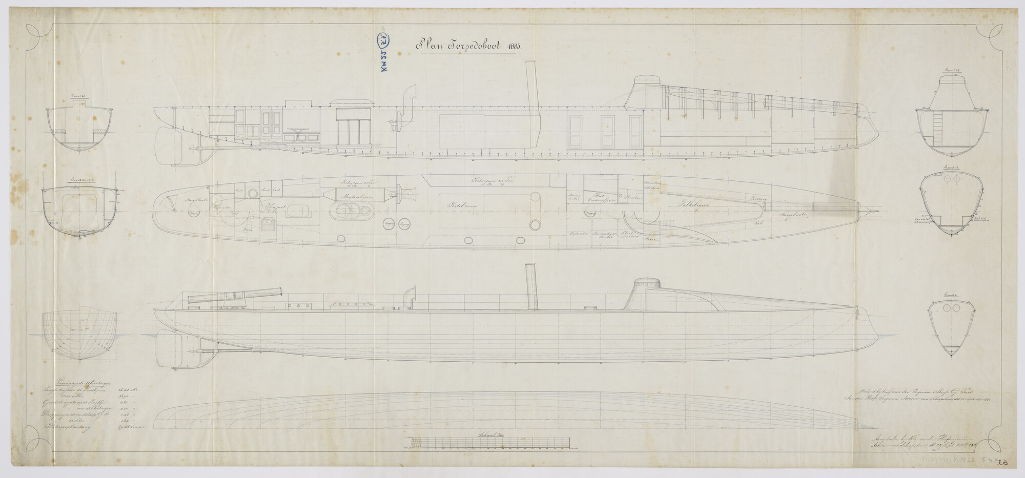S.2175(3177); Lijnentekening, spantenraam, diverse dwarsdoorsneden, verticale- en horizontale langsdoorsnede boven de waterlijn van een ontwerp torpedoboot uit 1885; technische tekening