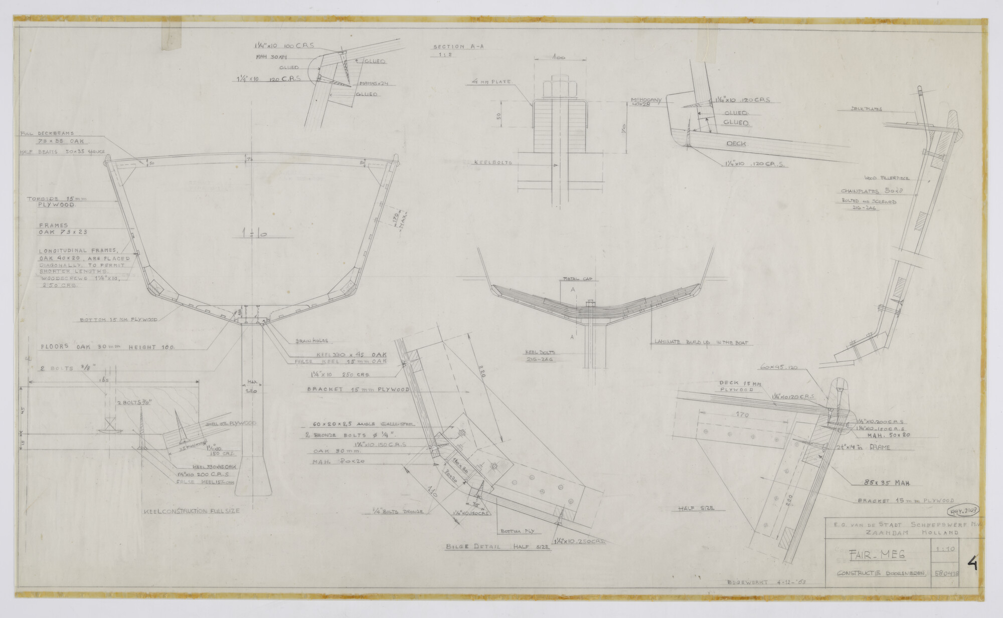 1994.2103; Constructieplan met doorsneden knikspantjacht 'Fair Meg'; technische tekening