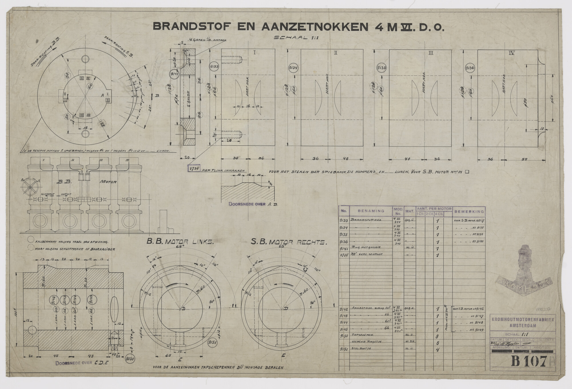 1995.2371; Brandstof- en aanzetnokken van Kromhoutmotor 4M6DO; technische tekening