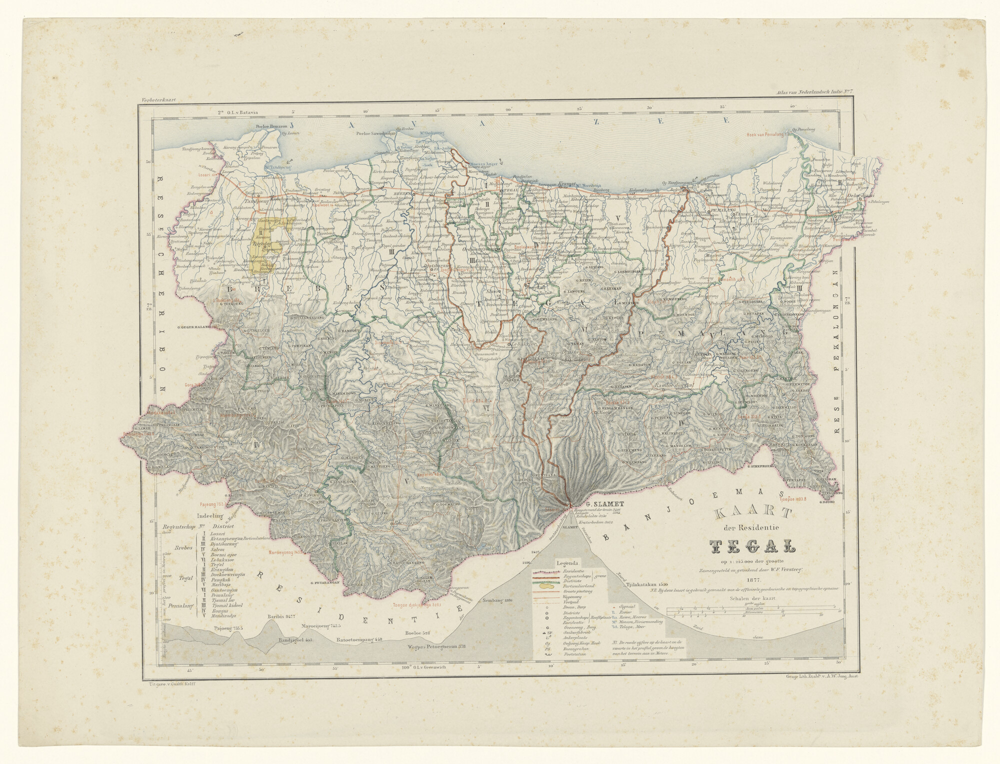 1998.2065; Gekleurde kaart van de residentie Tegal samengesteld door W.F. Versteegin 1877; landkaart