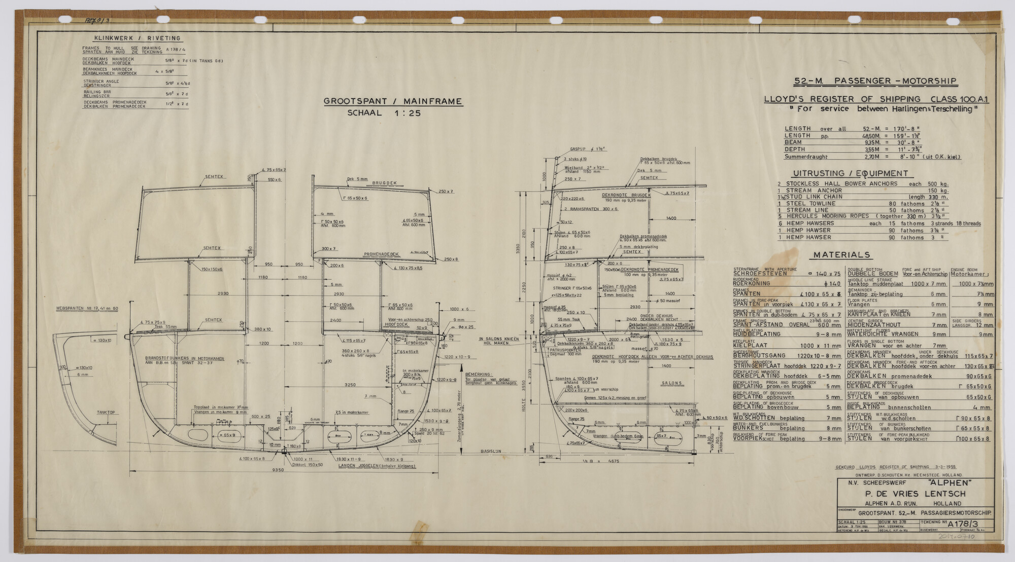 2014.0710; Grootspant van het 52 m motorpassagiersschip Friesland; technische tekening