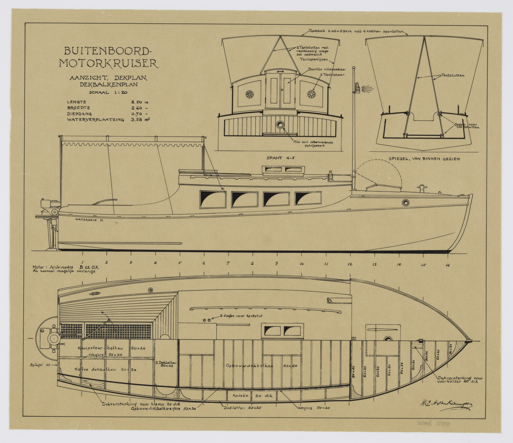 2006.0780; Algemeen plan van motorkruiser Watergeus III; technische tekening