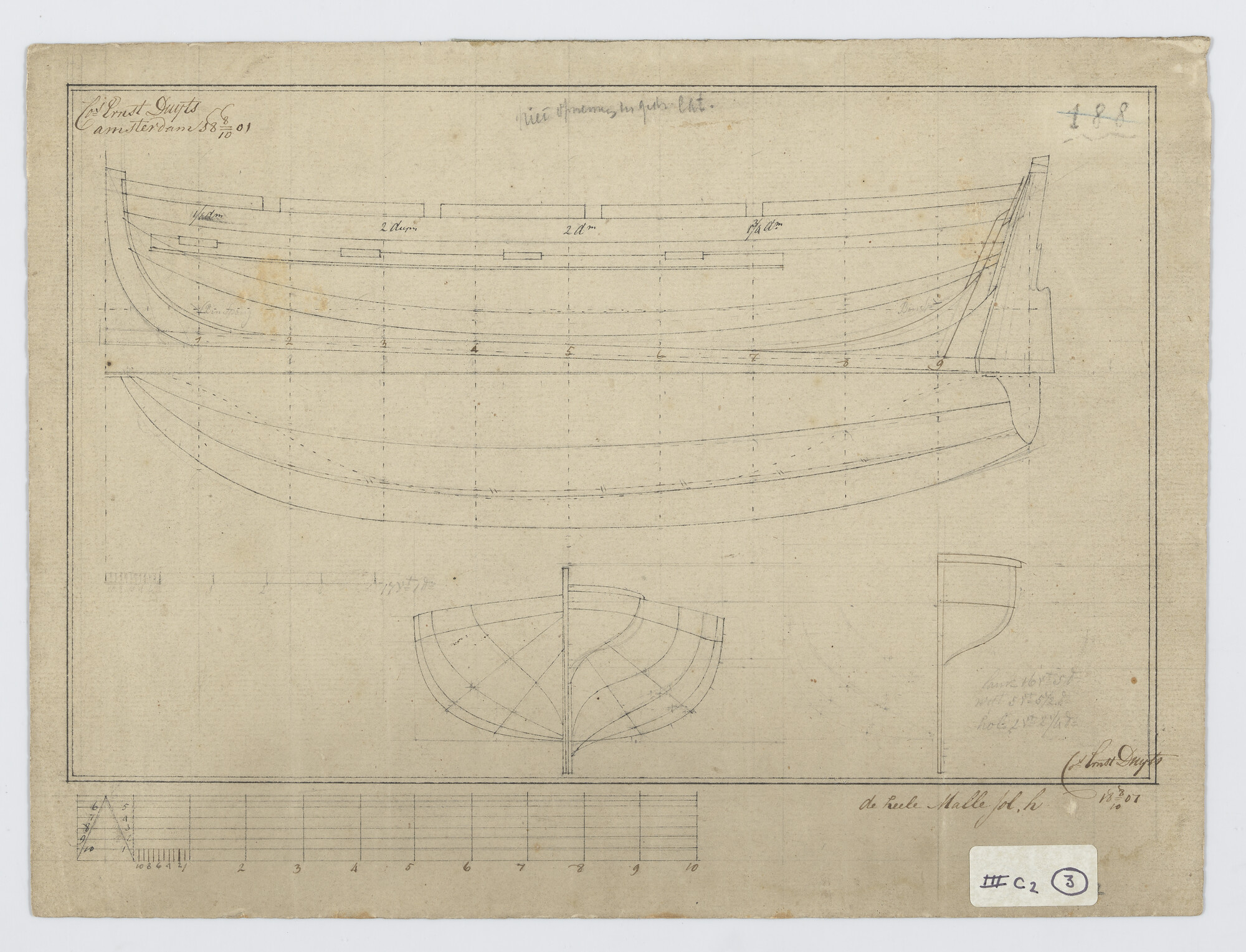 S.0188(23)13; Lijnenplan van een achtriems sloep; technische tekening
