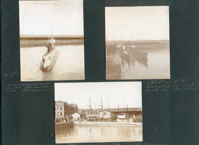 2001.1118; Blad uit een fotoalbum, met 6 fotos van de onderzeeboten Hr.Ms. O 8 en O [...]; fotoalbum