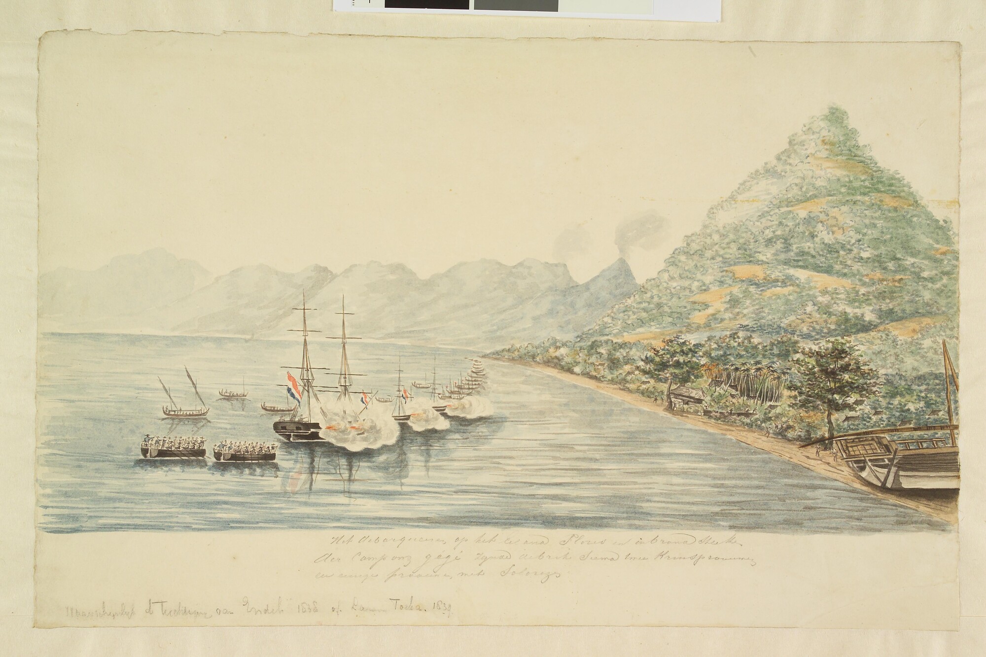 A.1398(01); Beschieting van de kampong Gégé op het eiland Flores; tekening