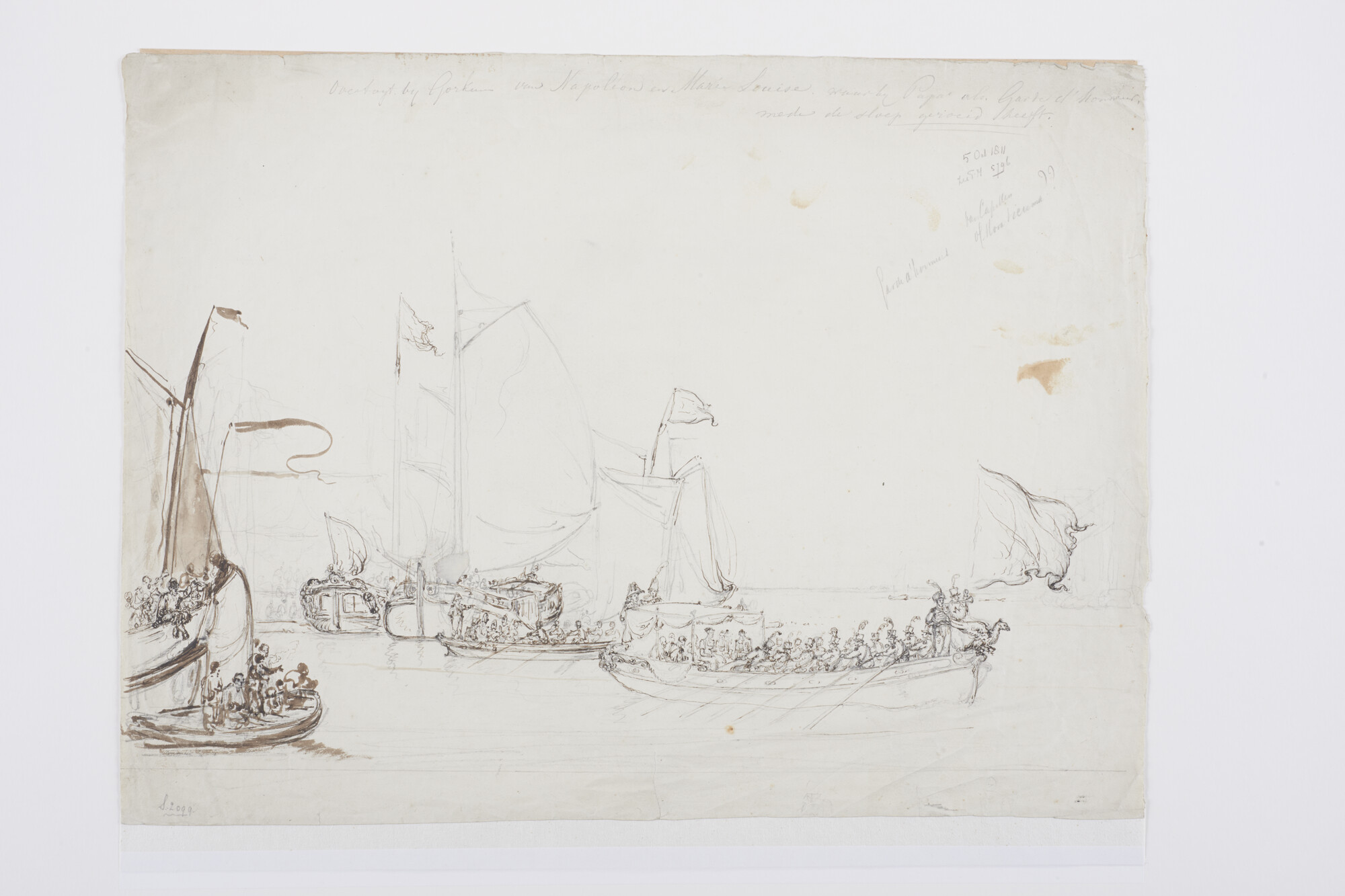 S.2099 [nr 0003]; Overtocht van keizer Napoleon en keizerin Marie-Louise van Sleeuwijk naar Gorinchem; tekening