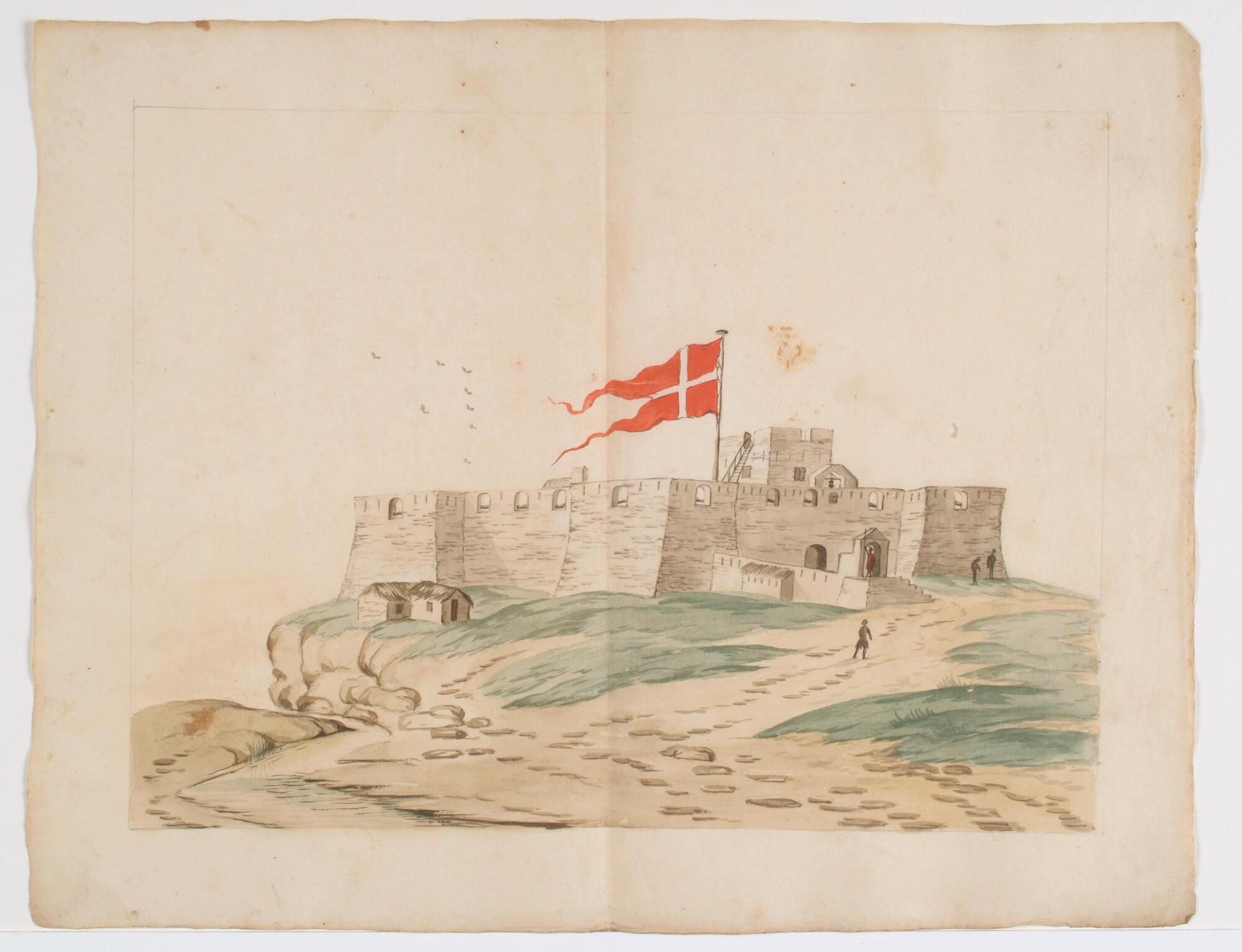 2004.5207; Het Deense fort Christiansburg aan de kust van West-Afrika; tekening